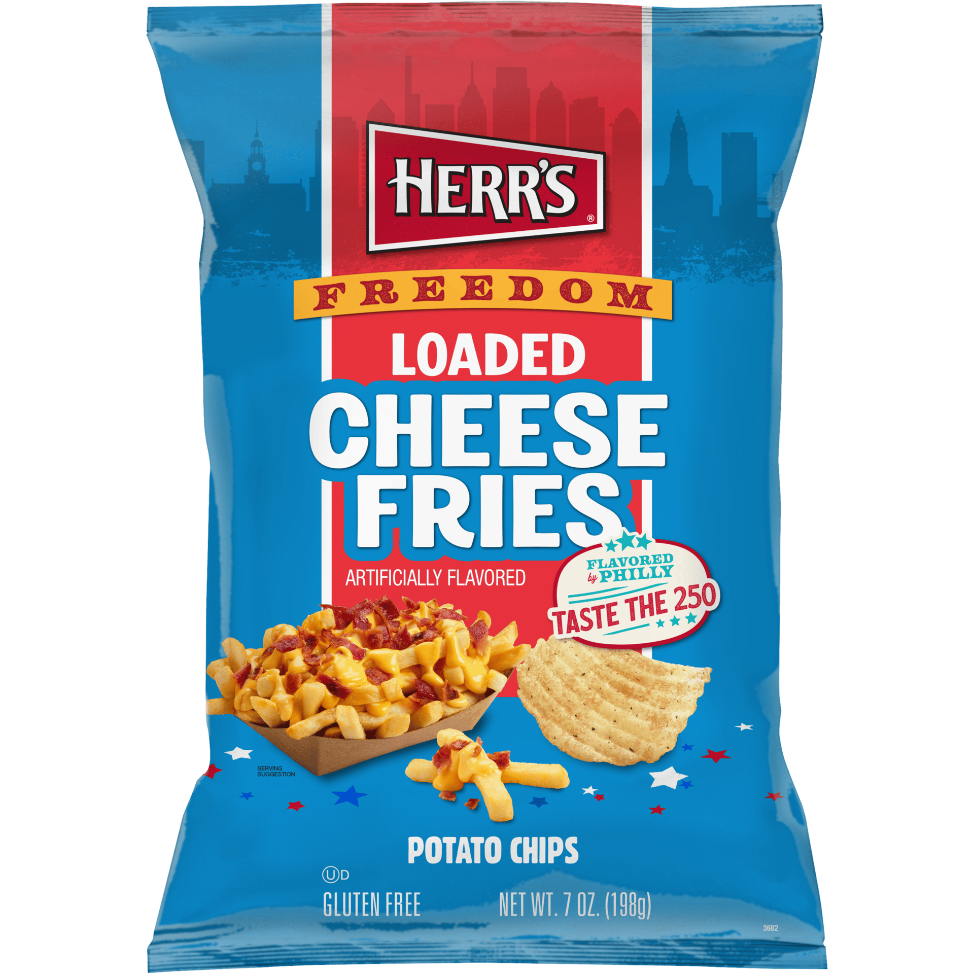 A blue bag of Herr's Freedom Loaded Cheese Fries potato chips with an image of fries.