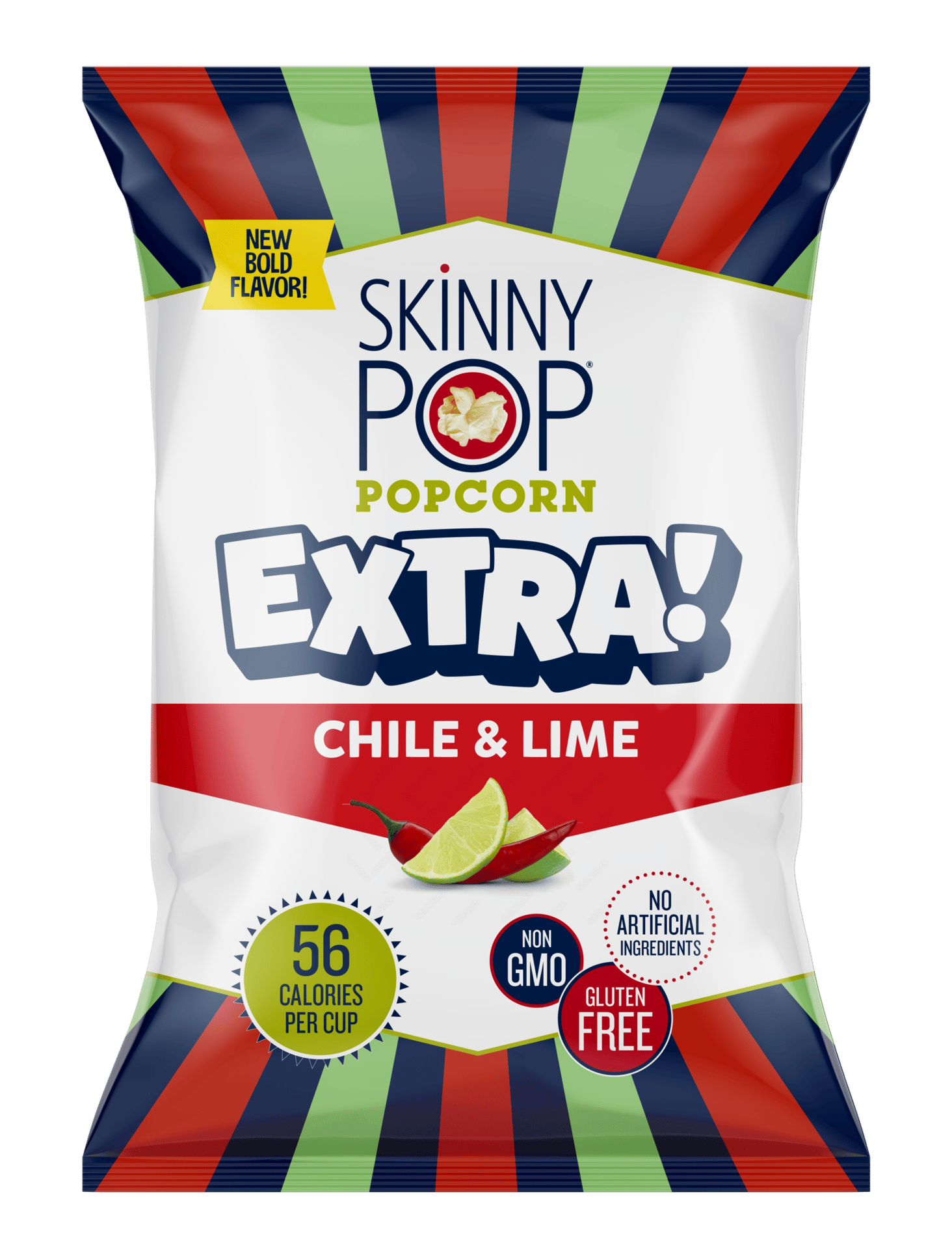 Packaging, Bag, Popcorn, Navy, Lime, Pepper, Red, Light green, White, Stripes, Nutritional info