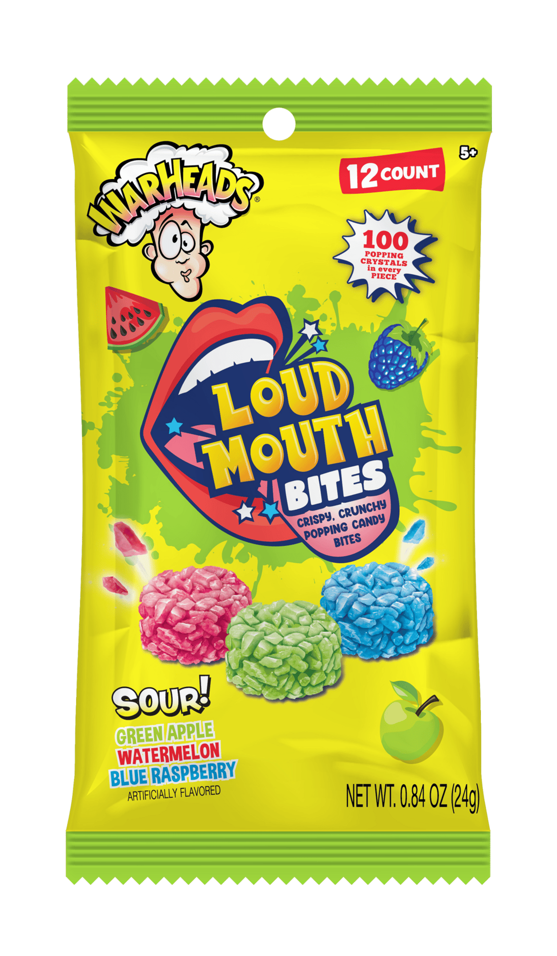 Loudmouth Bites, Warheads-flavored, in colorful lime green packaging.