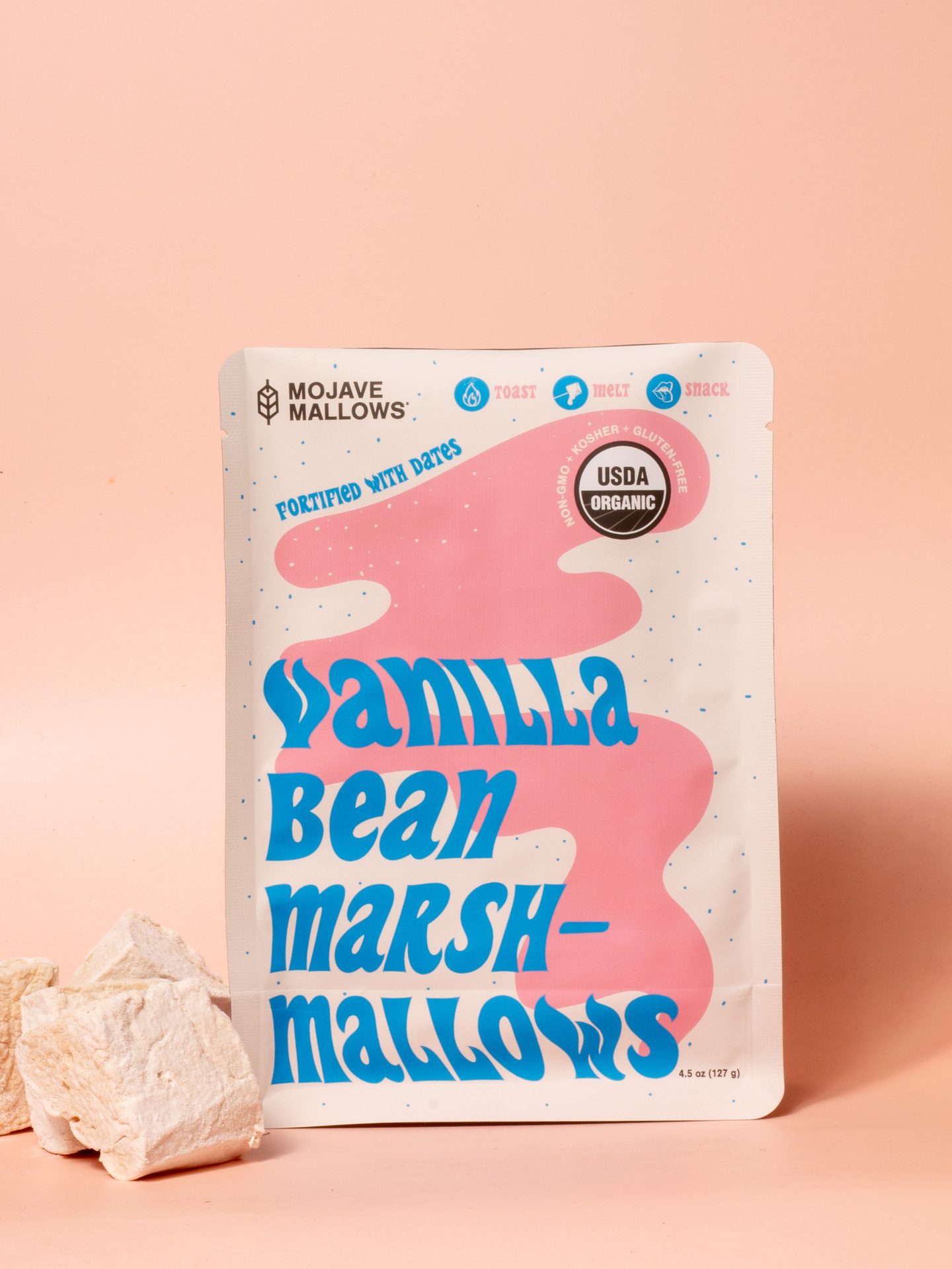 Mojave Mallows’ S’more Vanilla Bean Marshmallows in white and pink packaging.