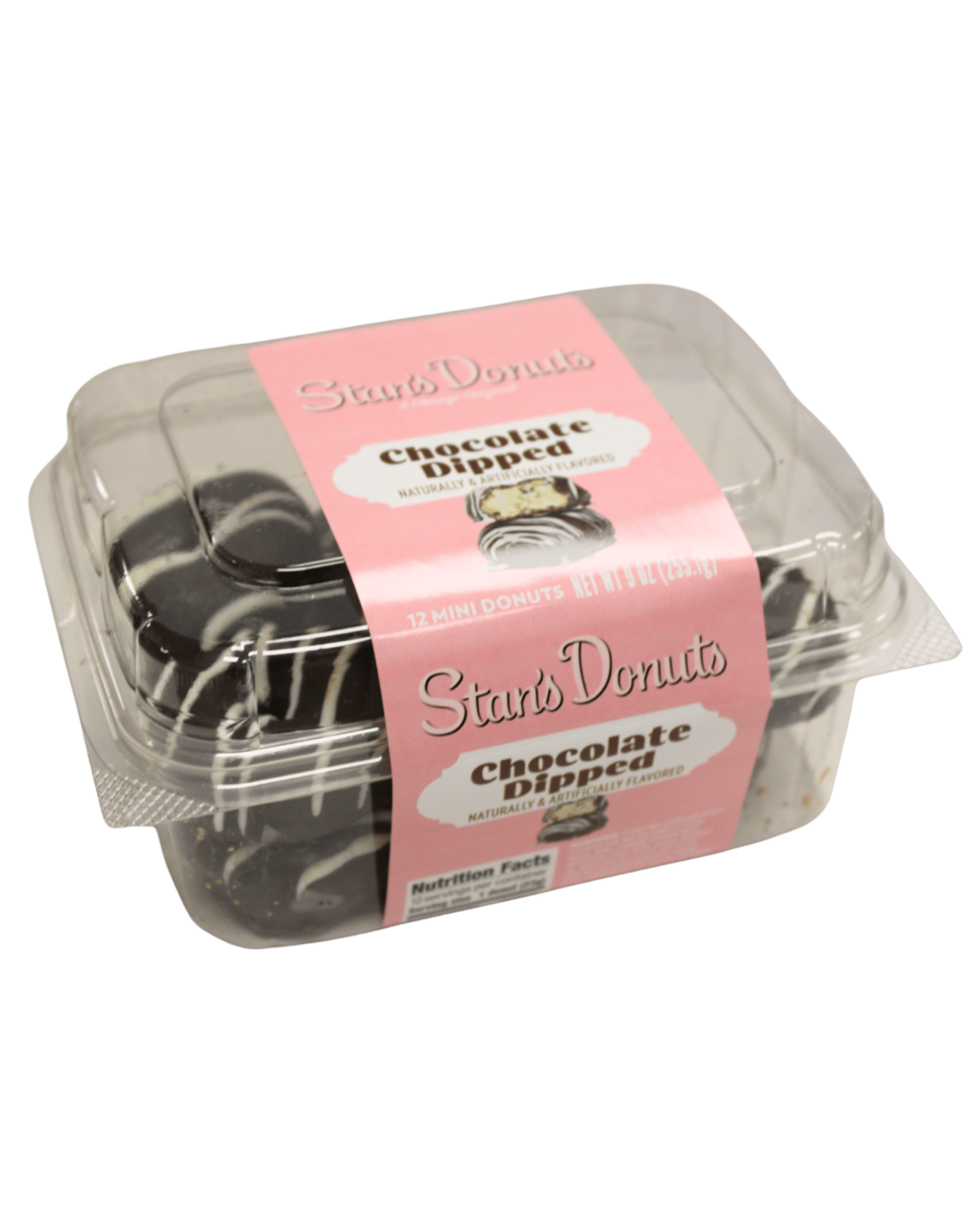 Clear plastic container of Star's Donuts 12 Chocolate Dipped mini donuts.