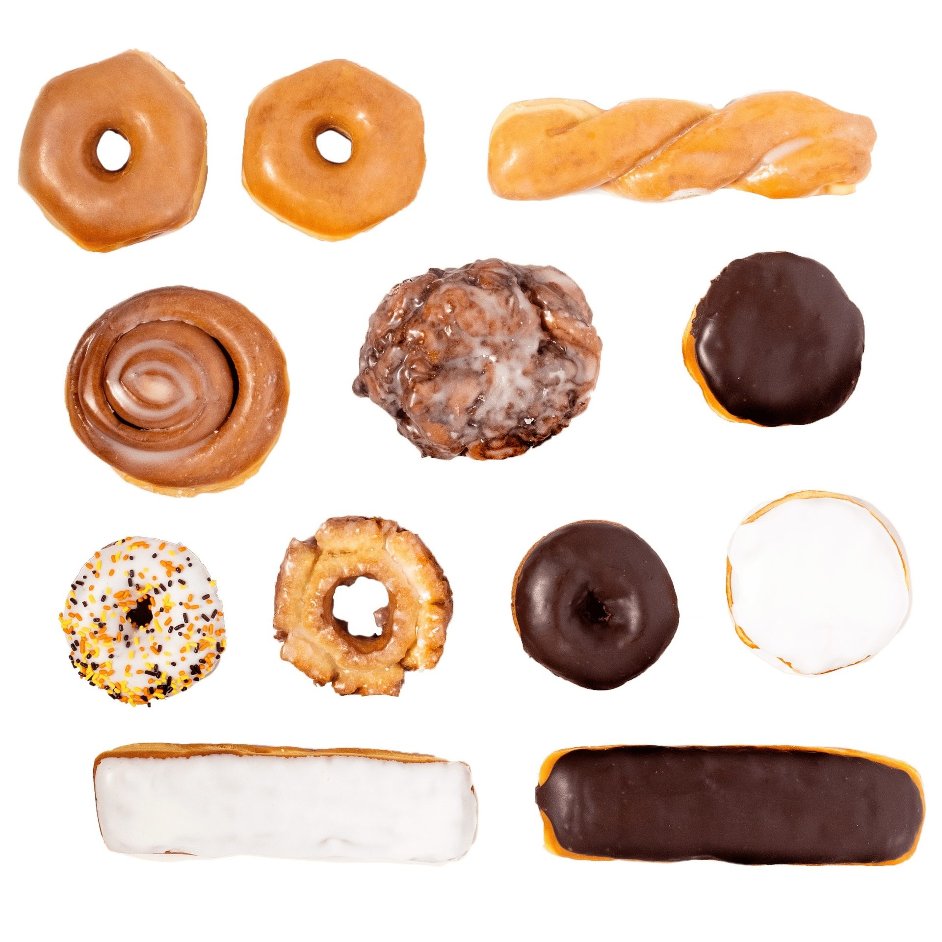 Assortment of various donuts and pastries.
