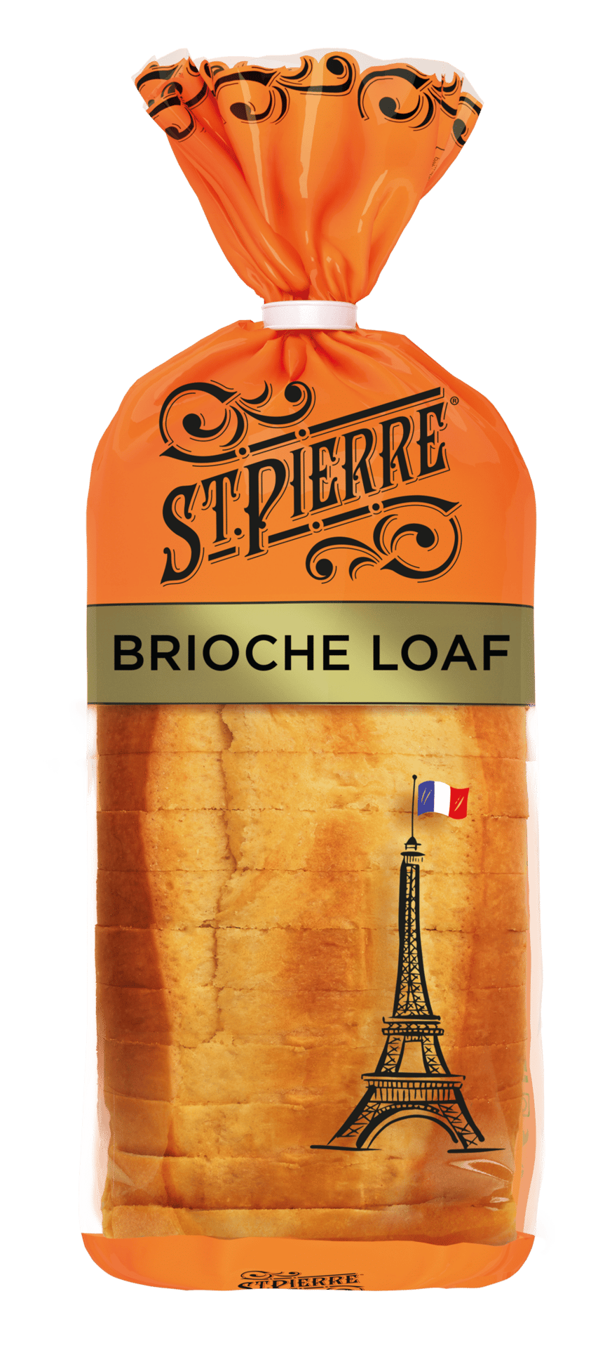 St Pierre Brioche Loaf in orange bag with Eiffel Tower and French flag.