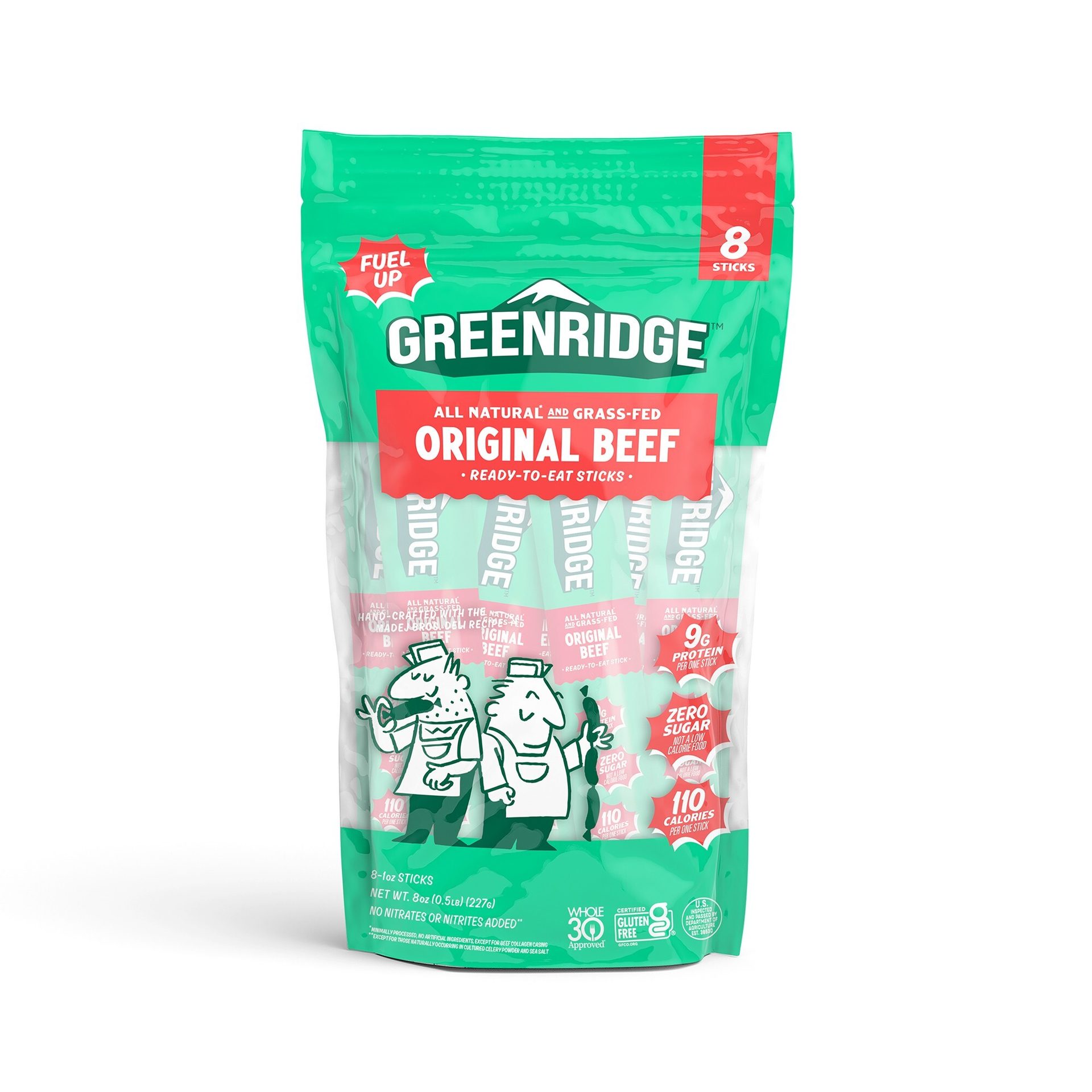 Greenridge All Natural and Grass-Fed Original Beef Ready-to-Eat Sticks, 8-count bag.