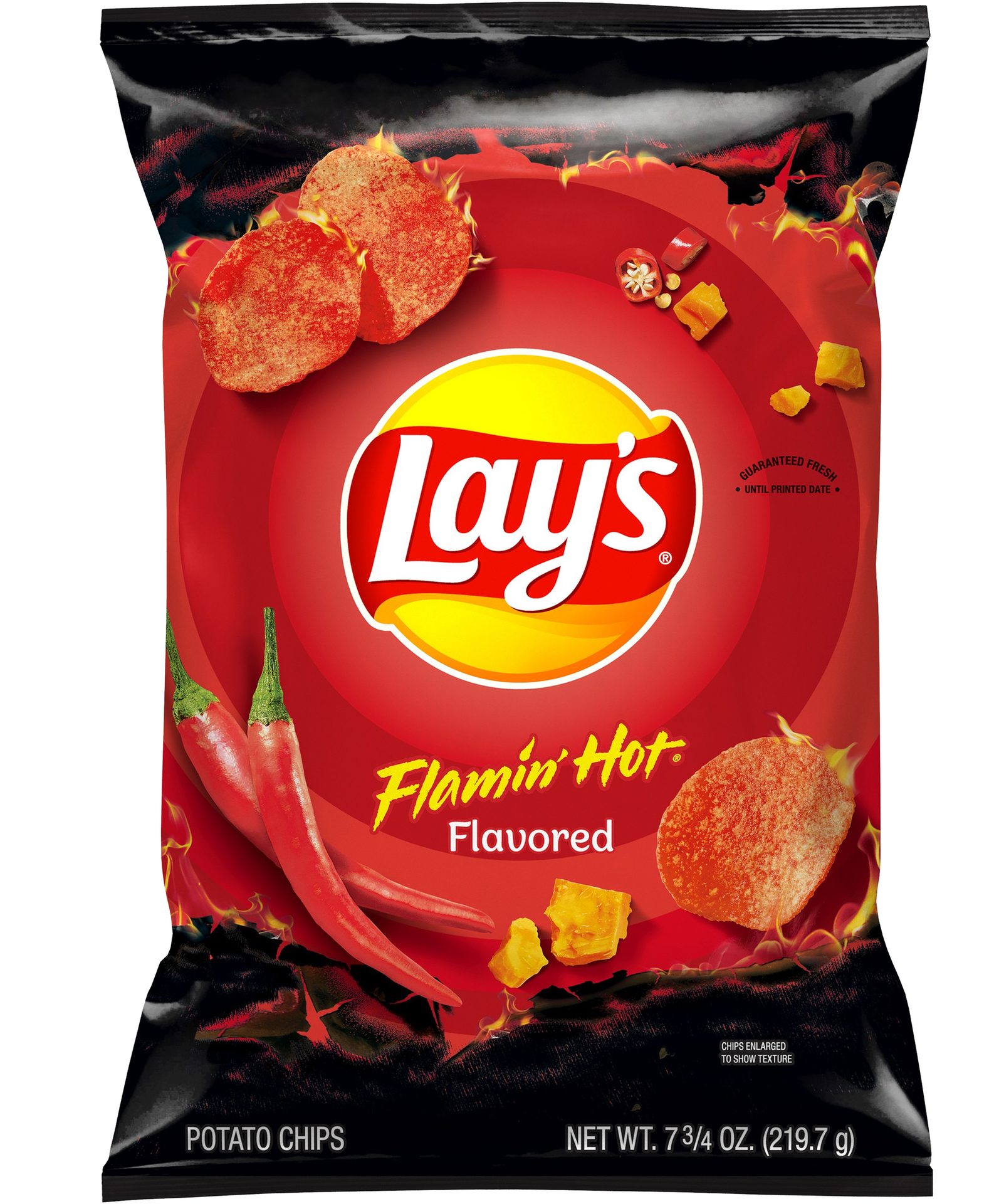 Potato chips, Product, Bag, Red, Black, Peppers, Flames, Cheese