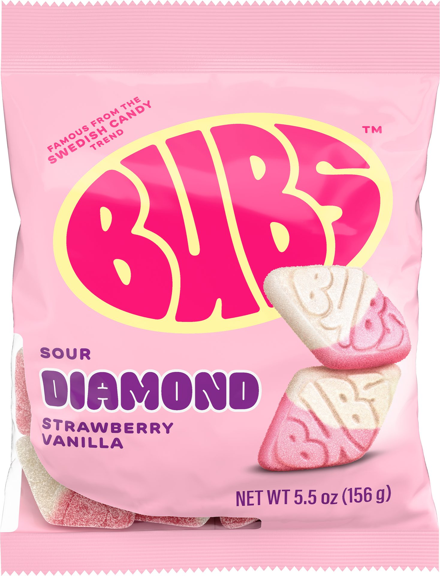 Bubs Sour Diamond Strawberry Vanilla flavor in a pink, white, and yellow bag.