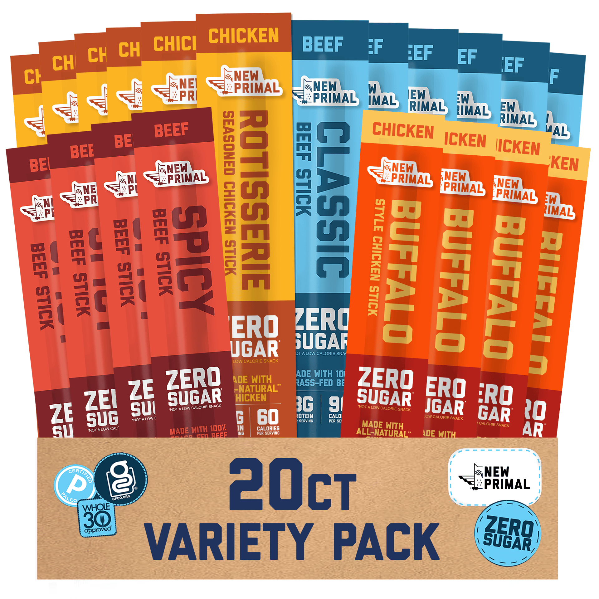 New Primal 20-count zero sugar variety pack of beef (spicy, classic) and chicken (rotisserie, buffalo) meat sticks.
