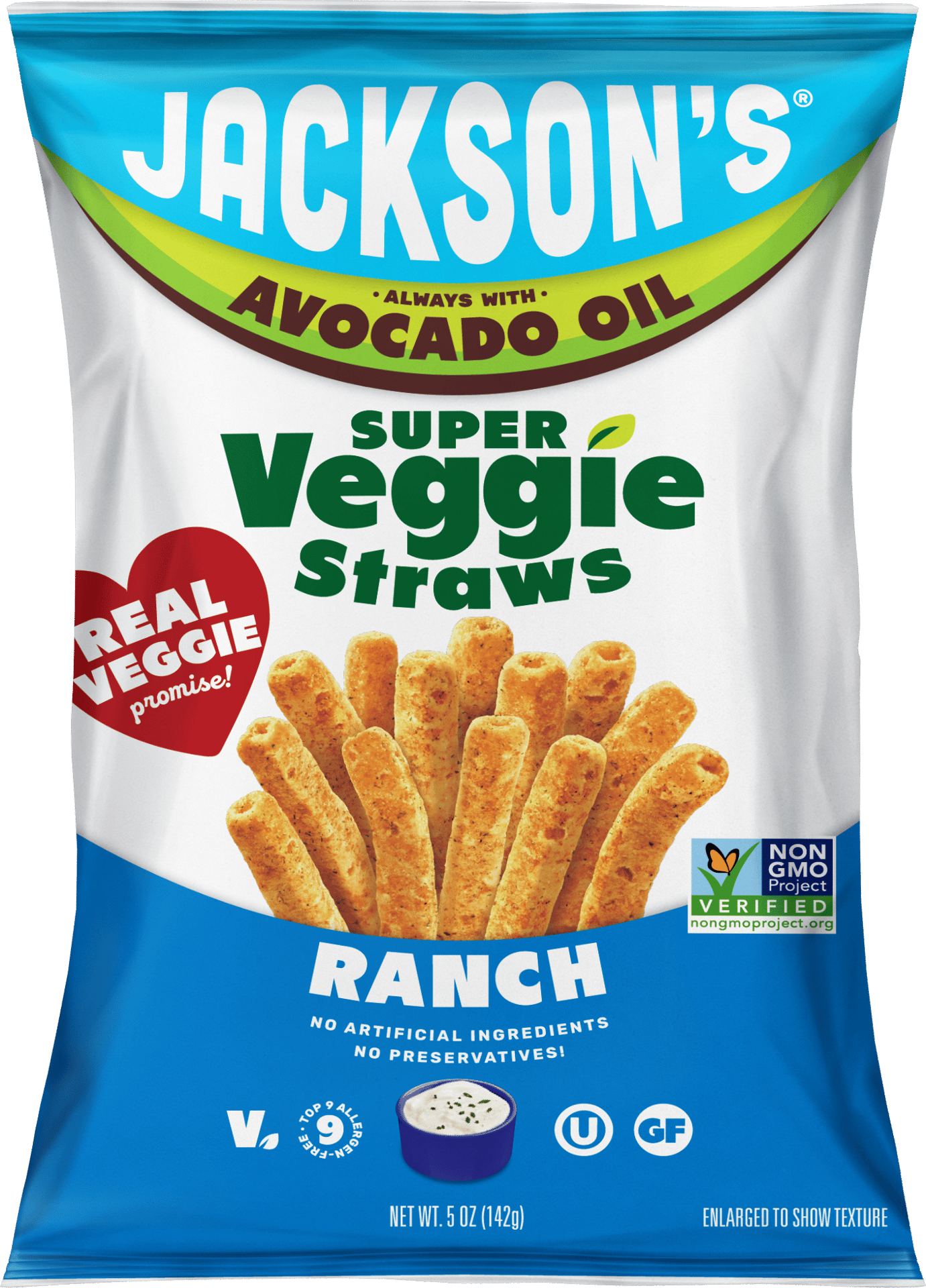 Jackson's Super Veggie Straws, Ranch flavor, made with avocado oil, no artificial ingredients.