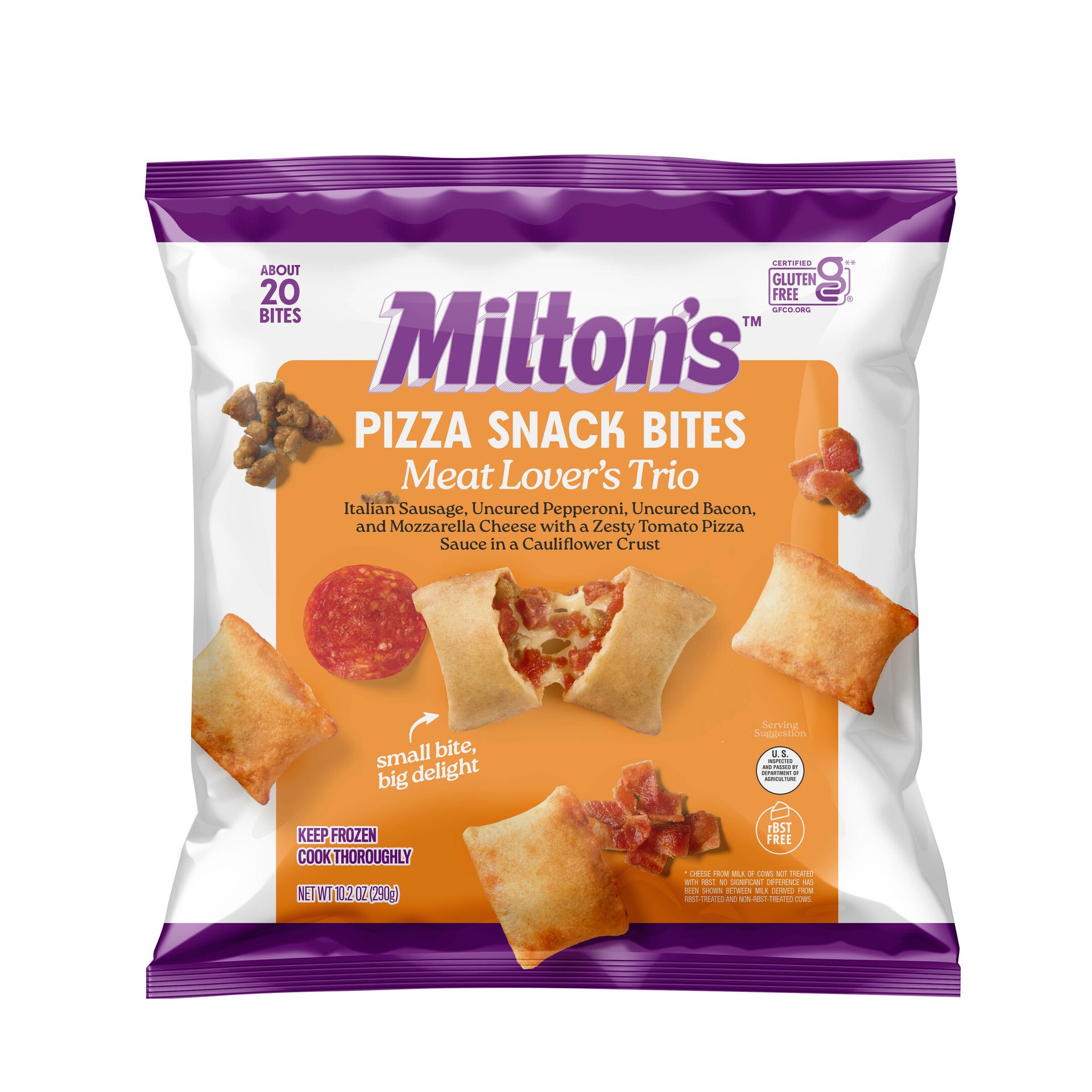 Milton’s pizza snack bites bag in meat lover’s trio flavor, the bag is purple and white