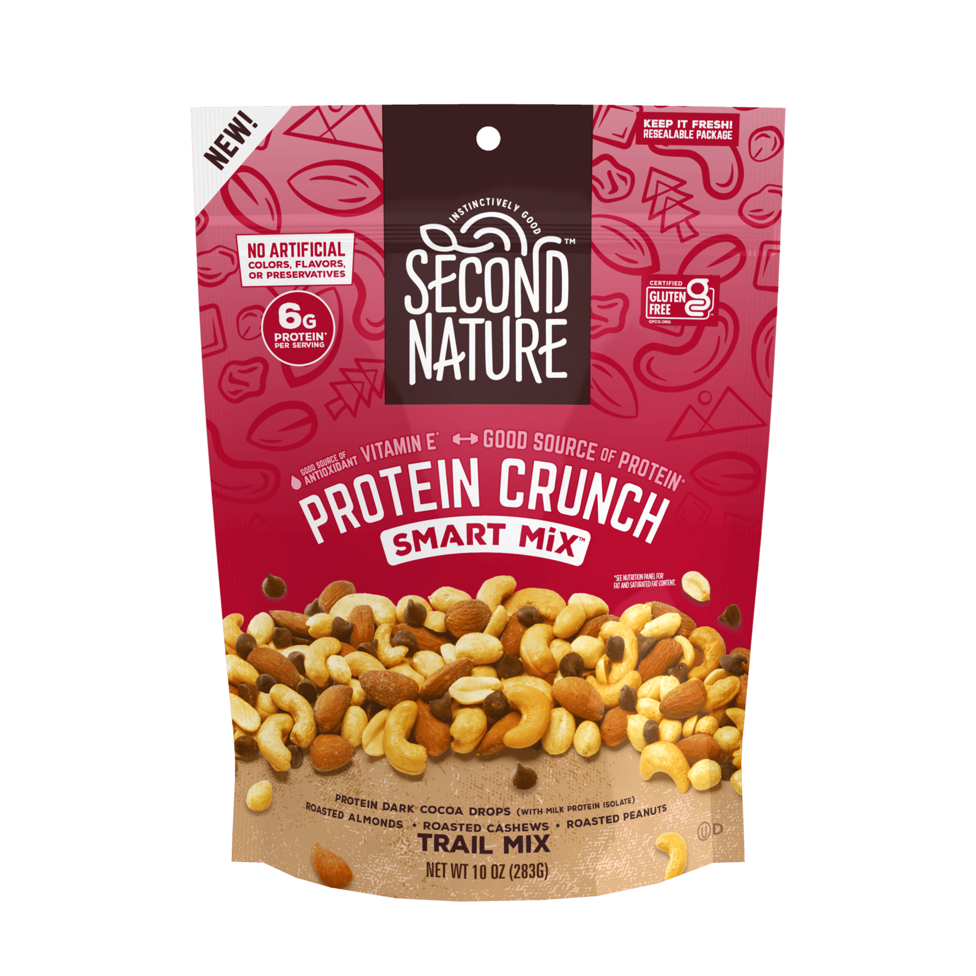 Second Nature Protein Crunch Smart Mix Trail Mix bag, with nuts, cocoa drops. 6g protein, gluten-free.