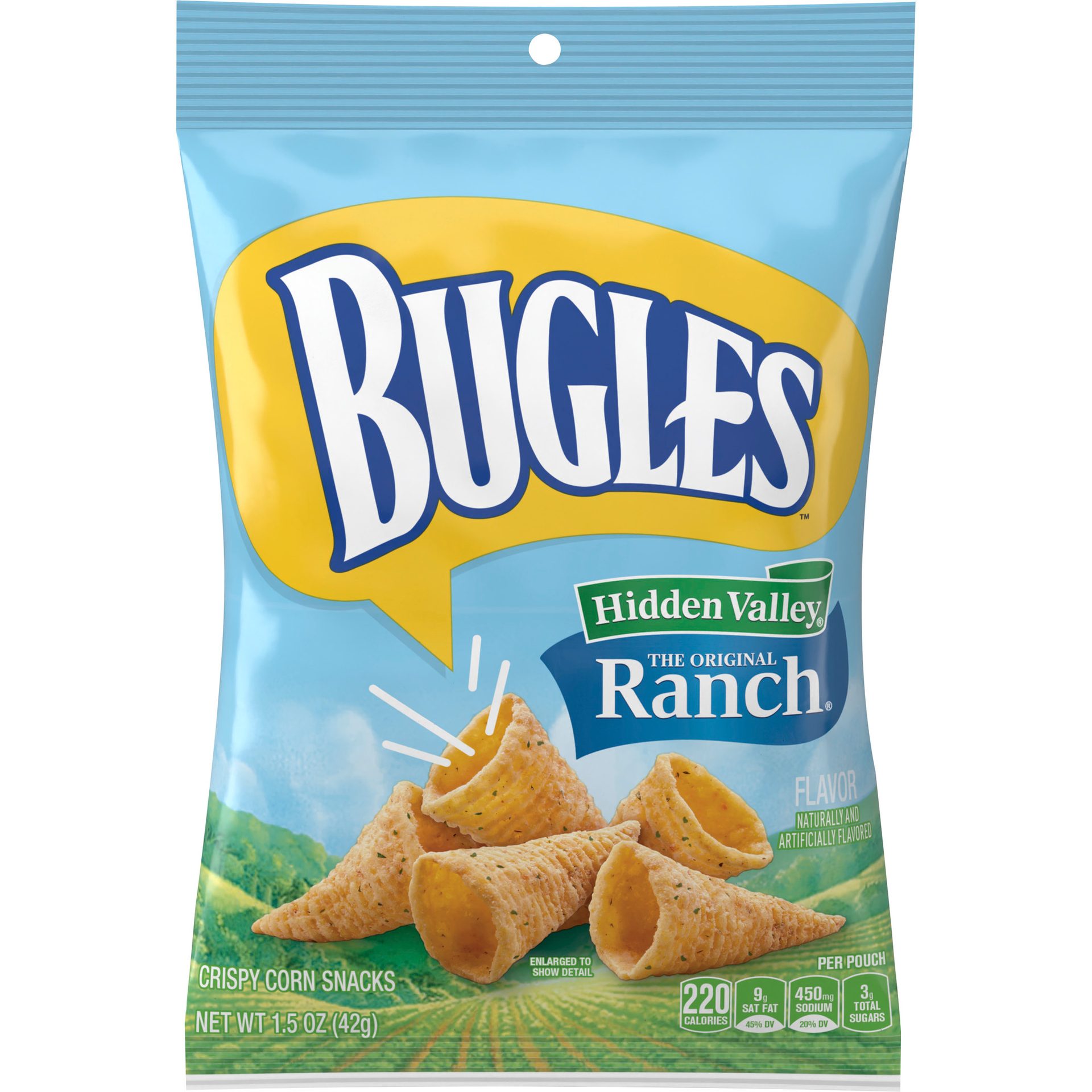 Bugles and Hidden Valley Ranch flavor in blue and green packaging