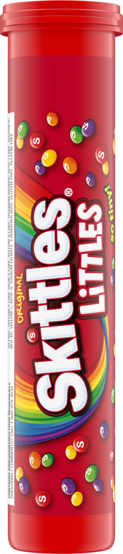 Red Skittles Littles candy container with "so tiny!" candies and a rainbow design.