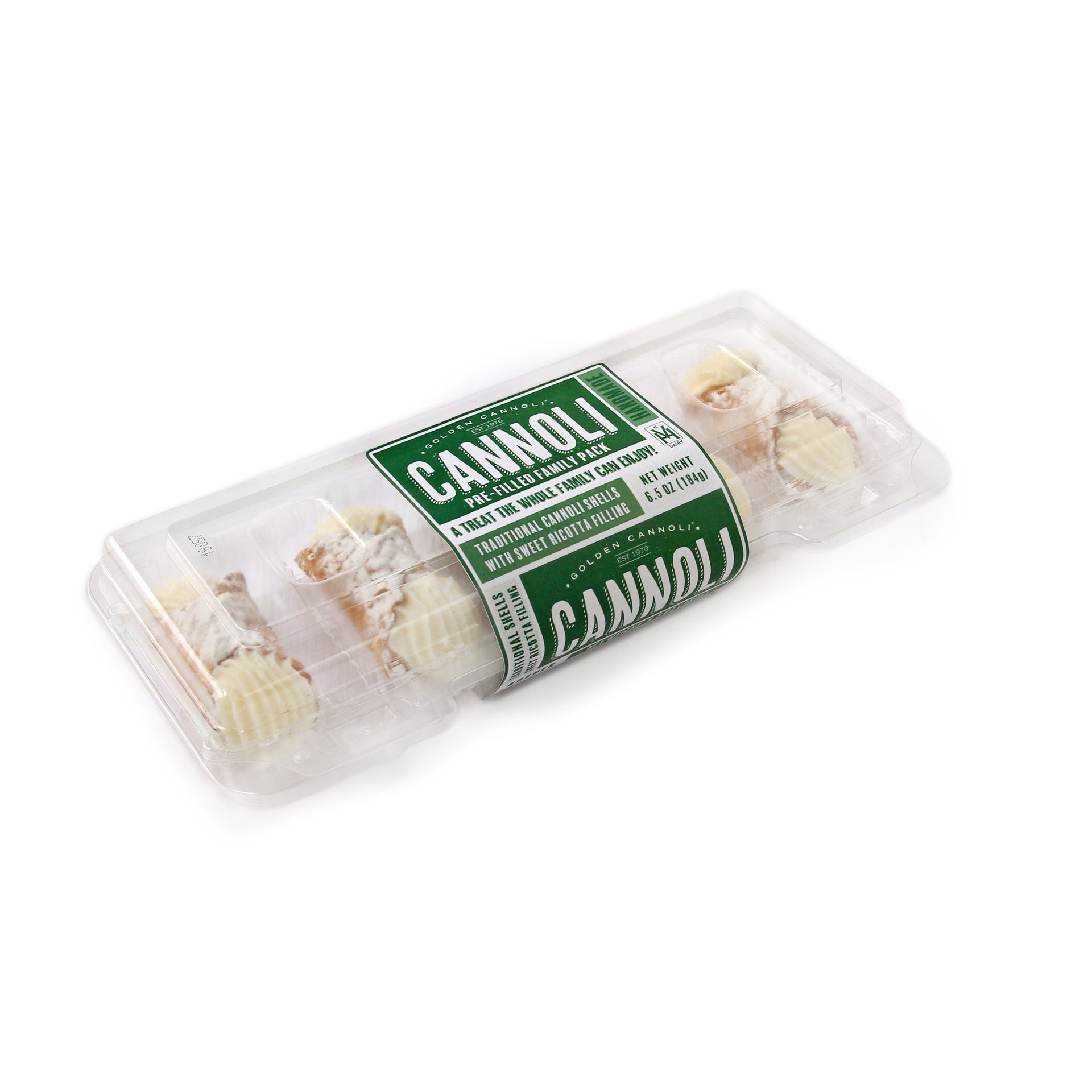 A clear plastic container of Golden Cannoli pre-filled with sweet ricotta, on a white background.
