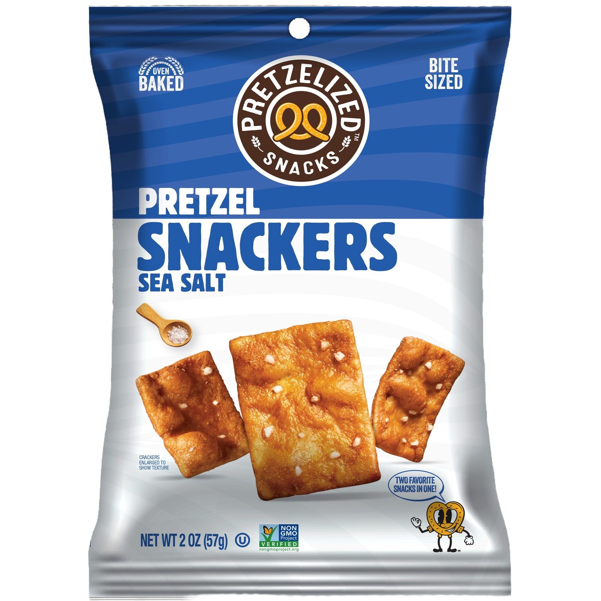 A bag of Pretzelized Snacks Pretzel Snackers Sea Salt, showing oven-baked, bite-sized crackers.