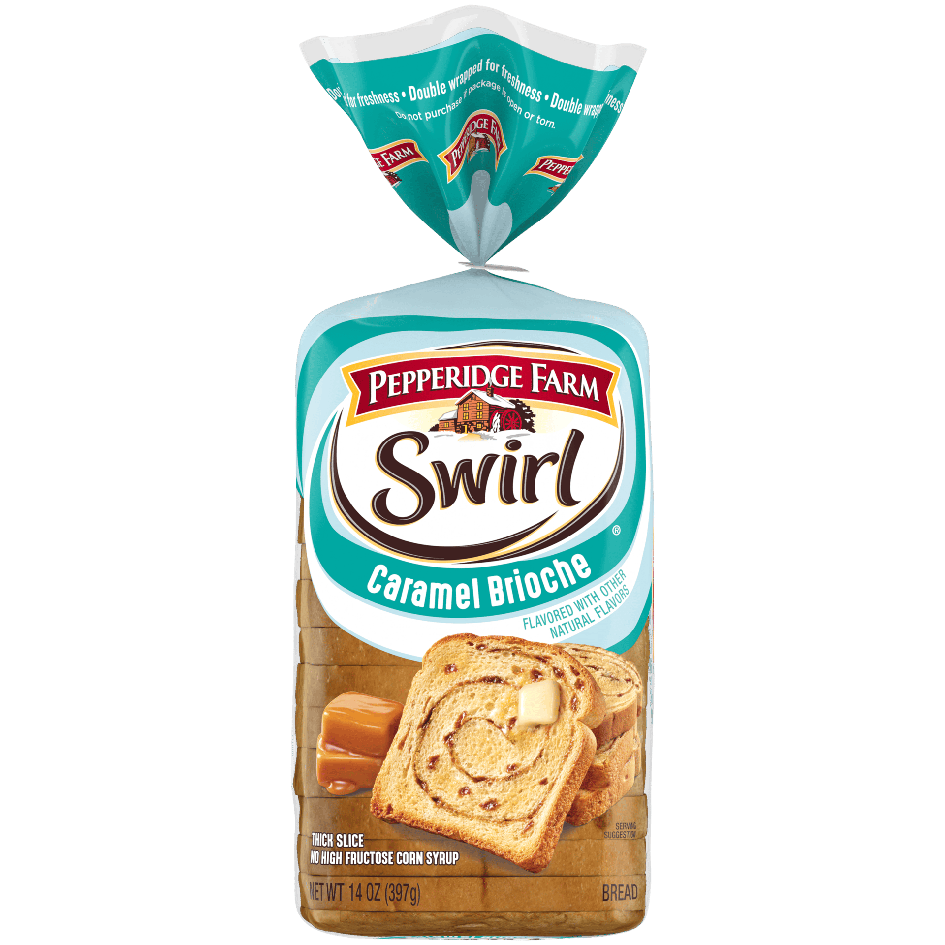 A package of Pepperidge Farm Swirl Caramel Brioche bread, with a toasted slice, butter, and caramel candies.