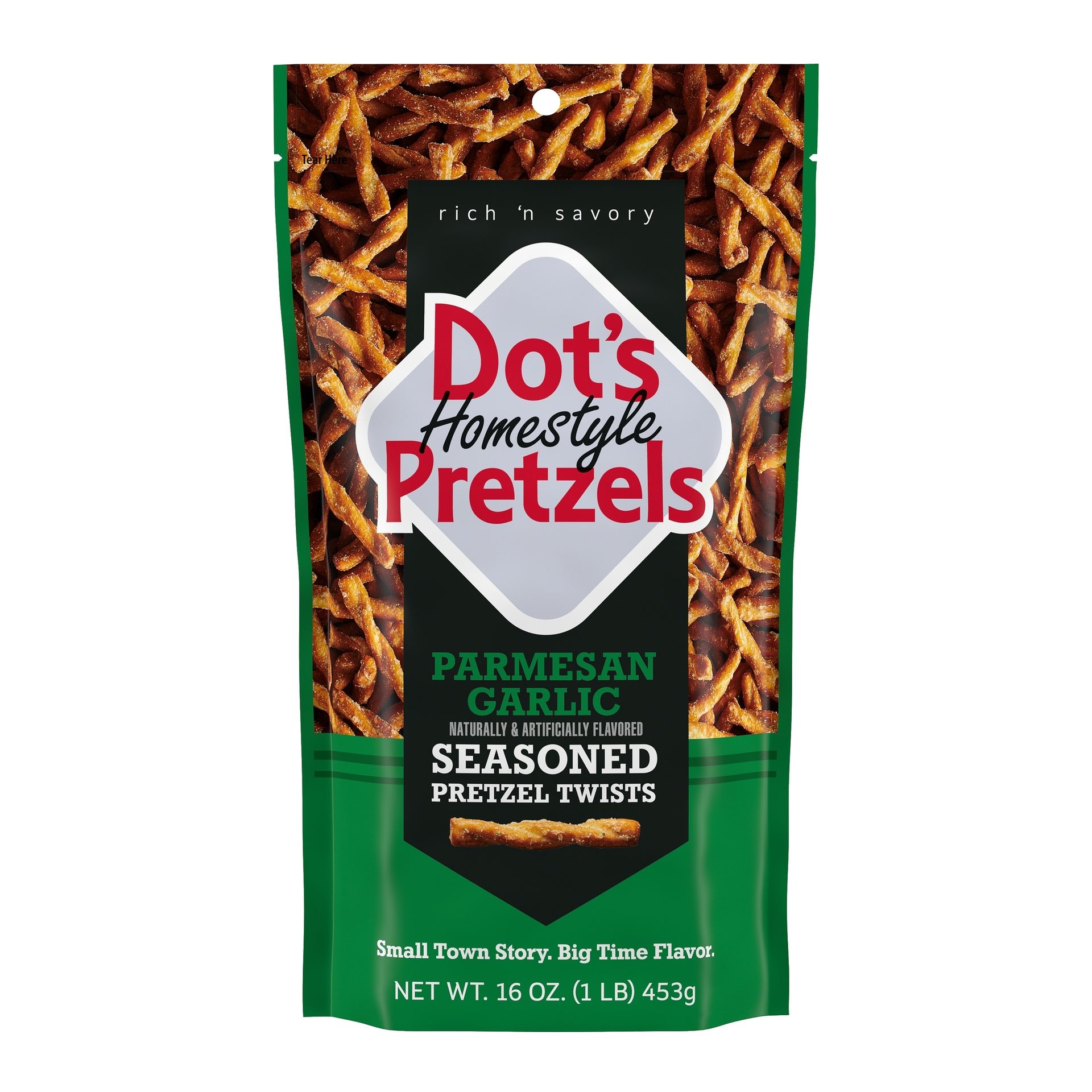 A bag of Dot's Homestyle Parmesan Garlic Seasoned Pretzel Twists, known for being rich 'n savory.