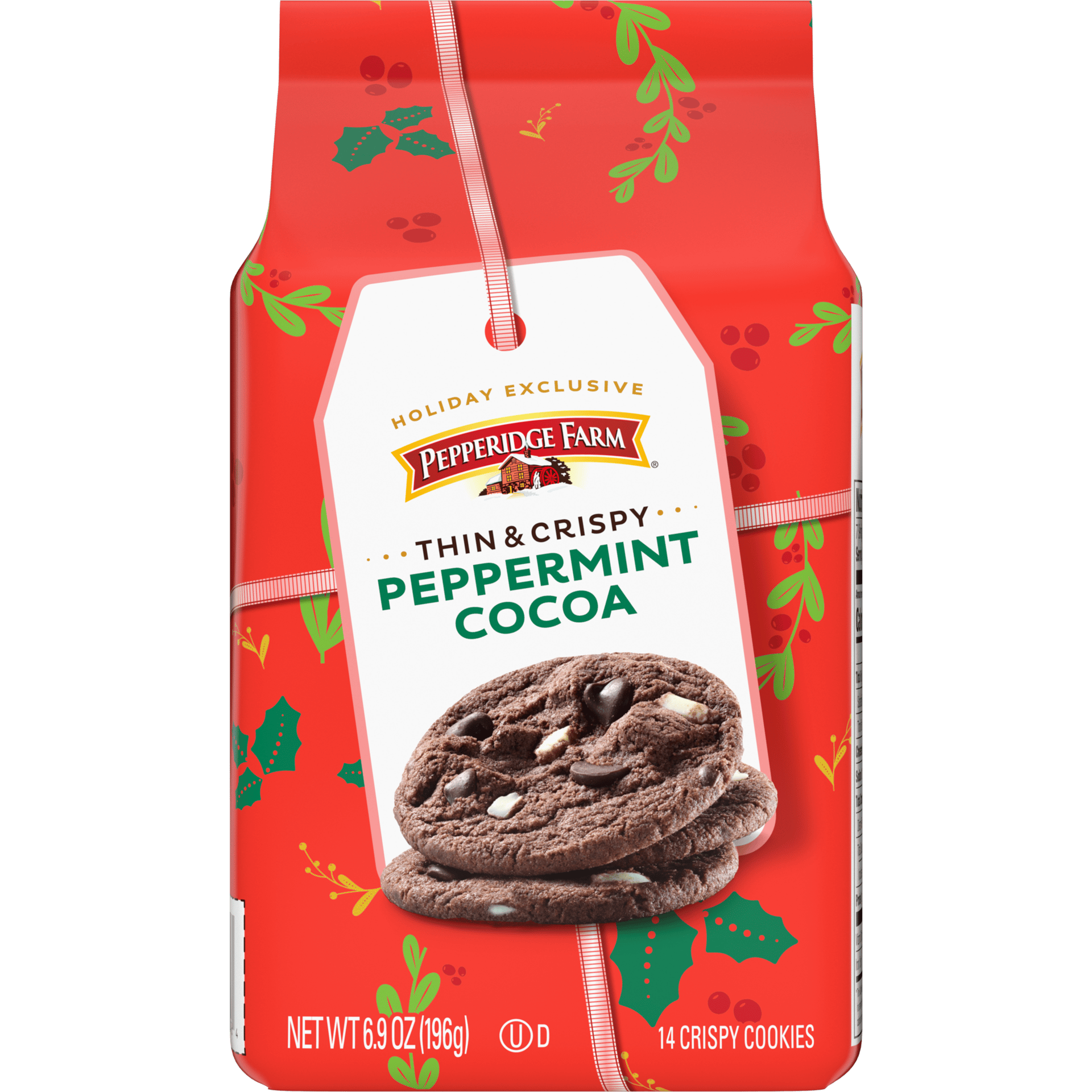Pepperidge Farm Thin & Crispy Peppermint Cocoa cookies in white and red holiday packaging.