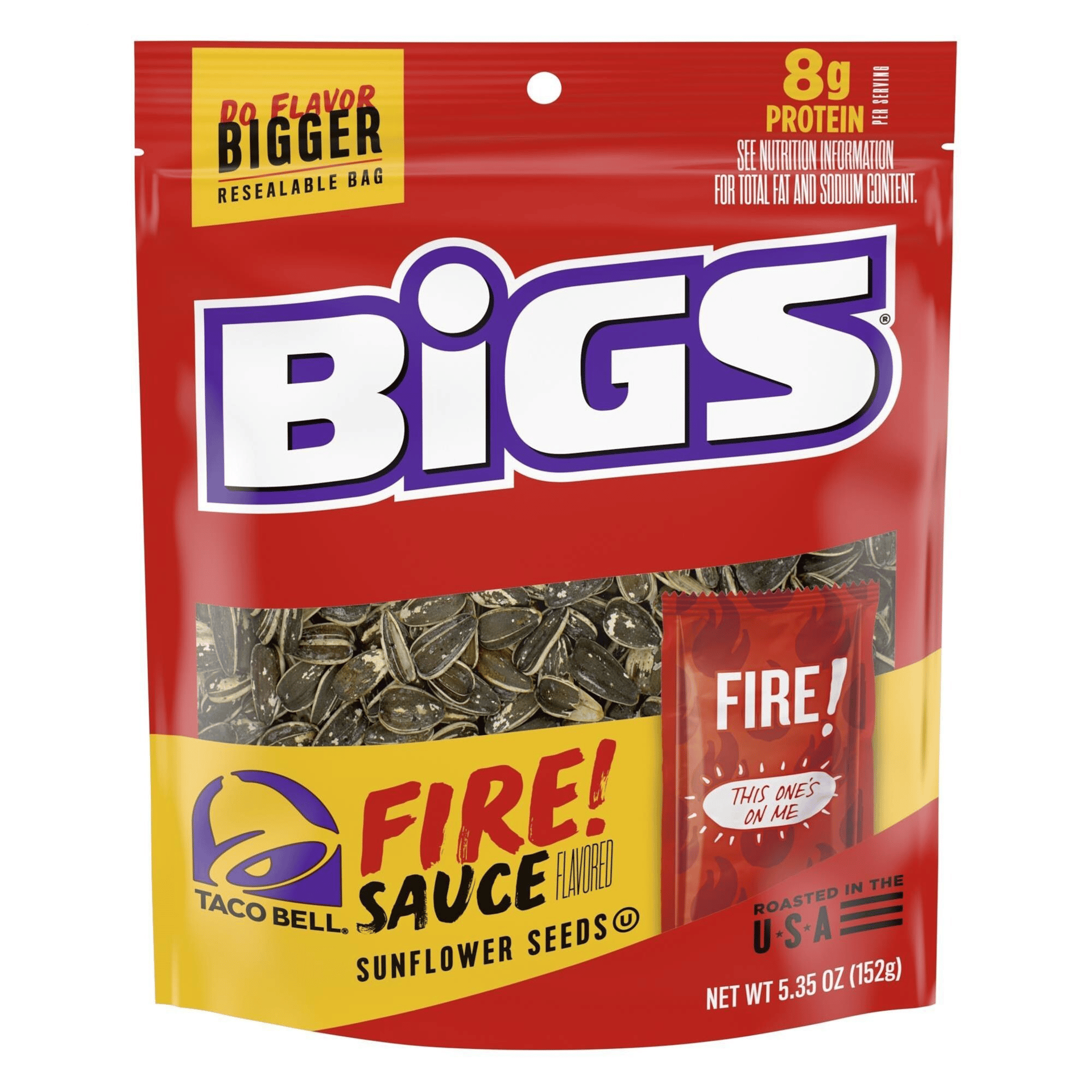 Red BiGS bag of Taco Bell Fire Sauce sunflower seeds with 8g protein.