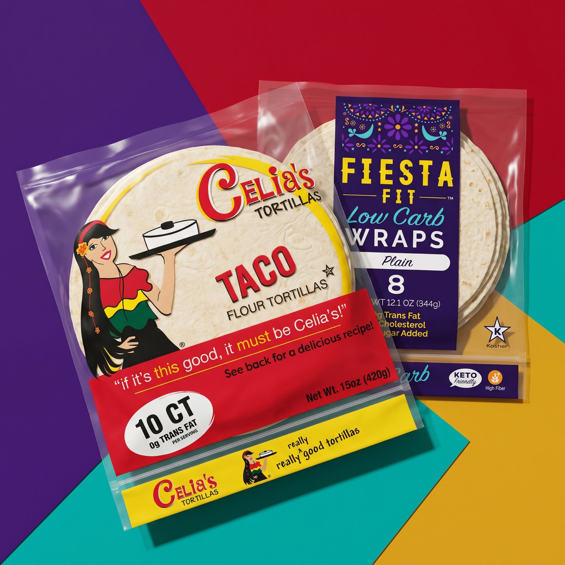 Two tortilla packages: Celia's Taco Flour and Fiesta Fit Low Carb Wraps, on a vibrant background.