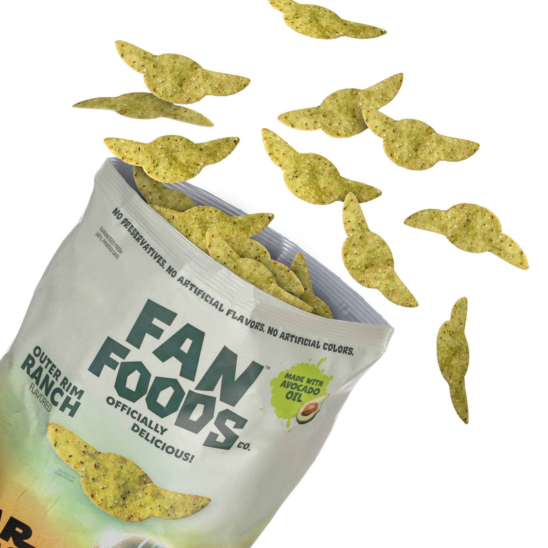 Grogu-shaped Fan Foods Outer Rim Ranch flavored chips flying out of a bag. Made with avocado oil, no artificial flavors or colors.