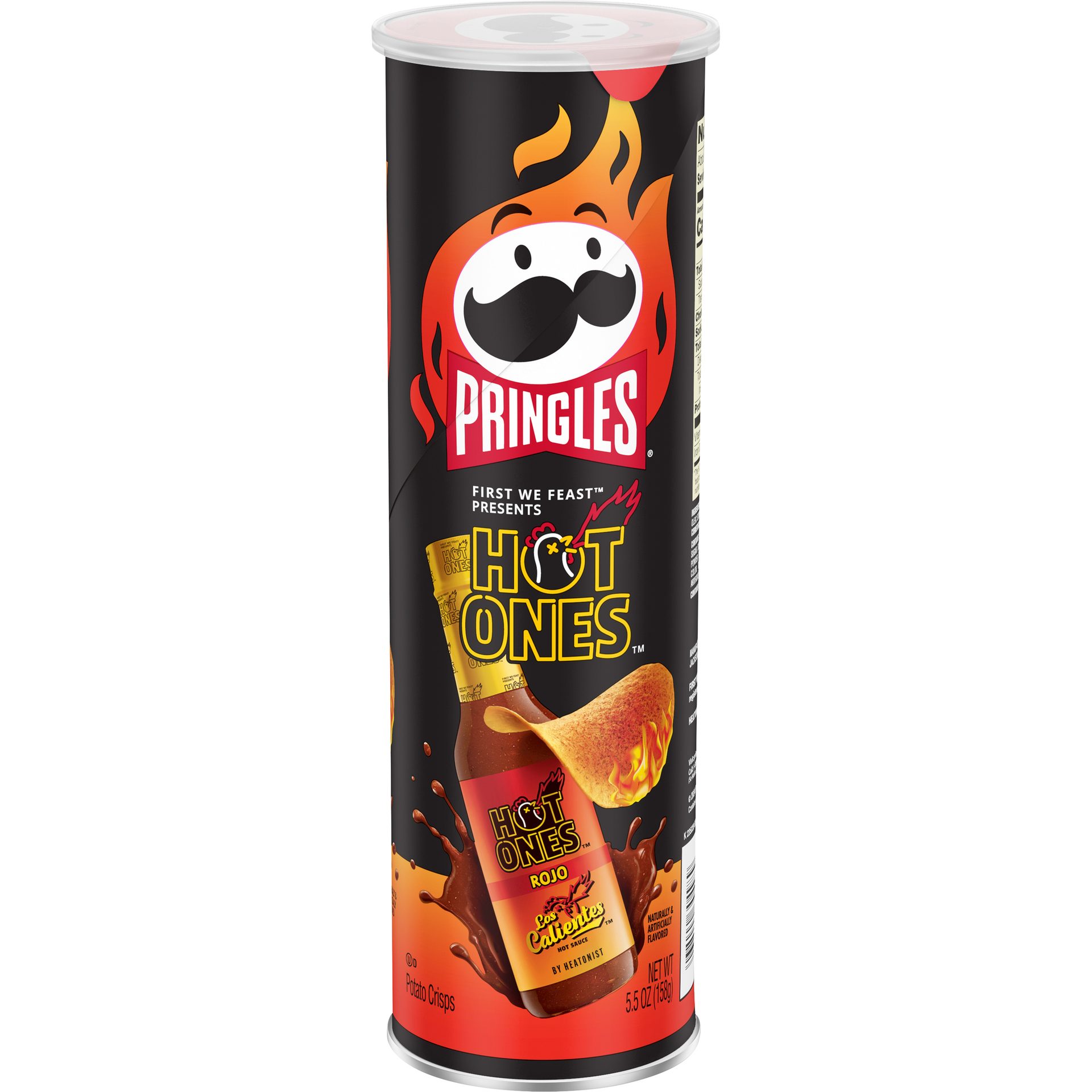 Pringles Hot Ones can with hot sauce bottle, fiery Pringles logo, and potato crisps.