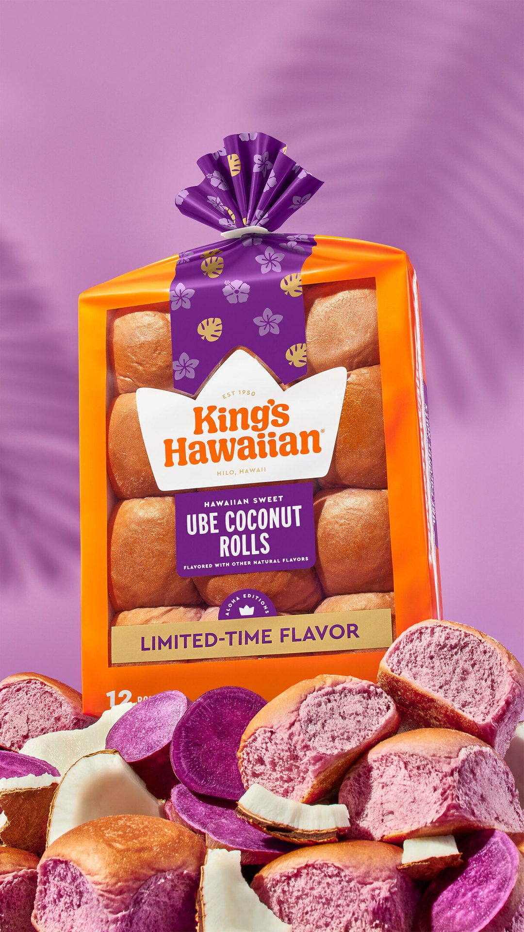 King's Hawaiian Ube Coconut Rolls package with individual rolls, ube, and coconut pieces on a purple background.