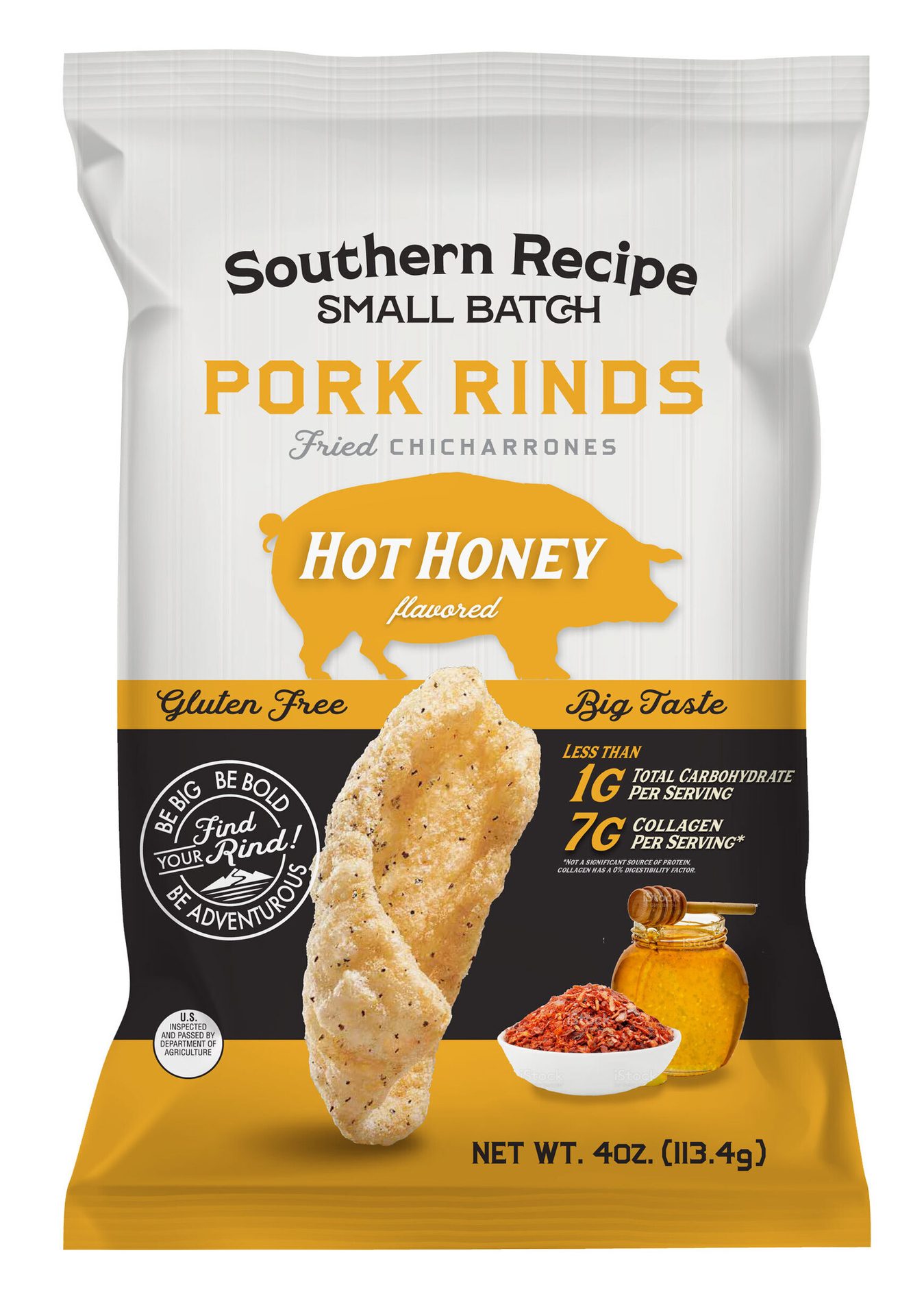 Southern Recipe Small Batch Pork Rinds, Hot Honey Flavored, in white, black, and gold packaging