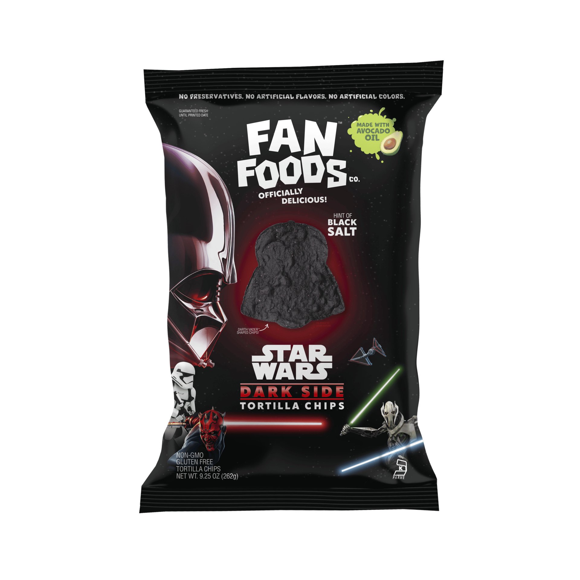 Black bag of Star Wars Dark Side Tortilla Chips featuring Darth Vader helmet and a Vader-shaped chip.