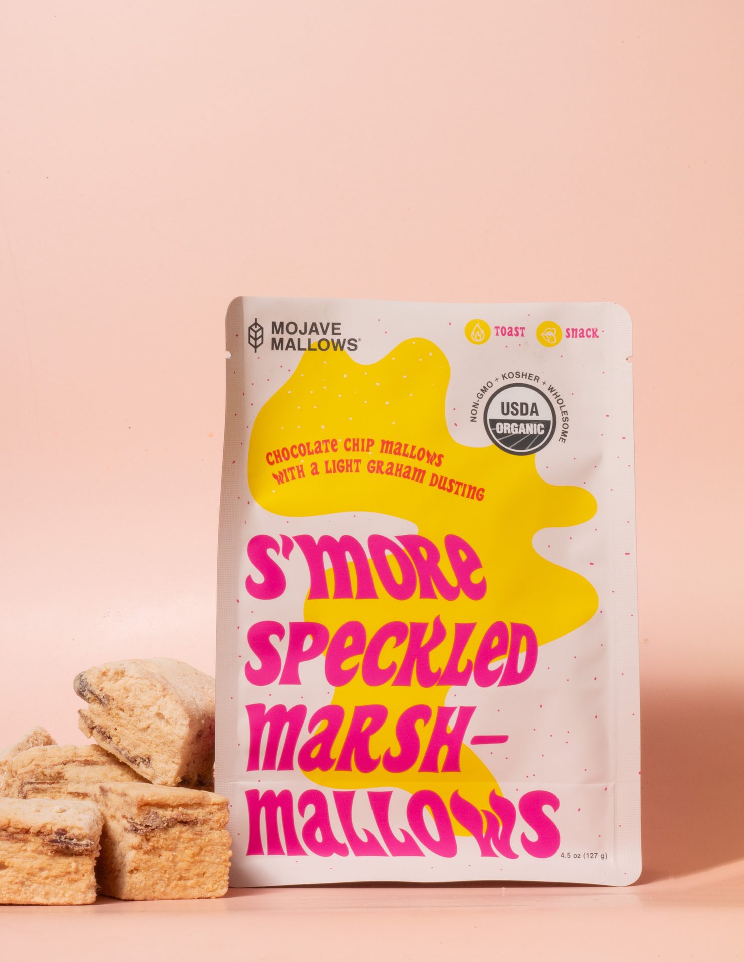 Mojave Mallows’ S’more Speckled Marshmallows in white and yellow packaging.