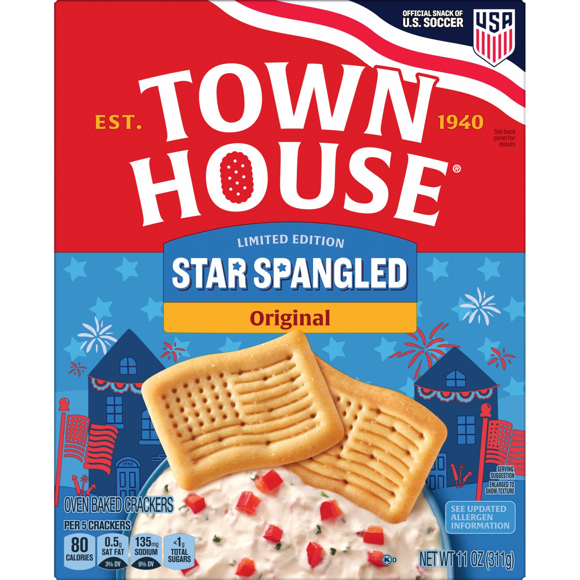Limited Edition Town House Star Spangled Original crackers with American flag design, served with dip.