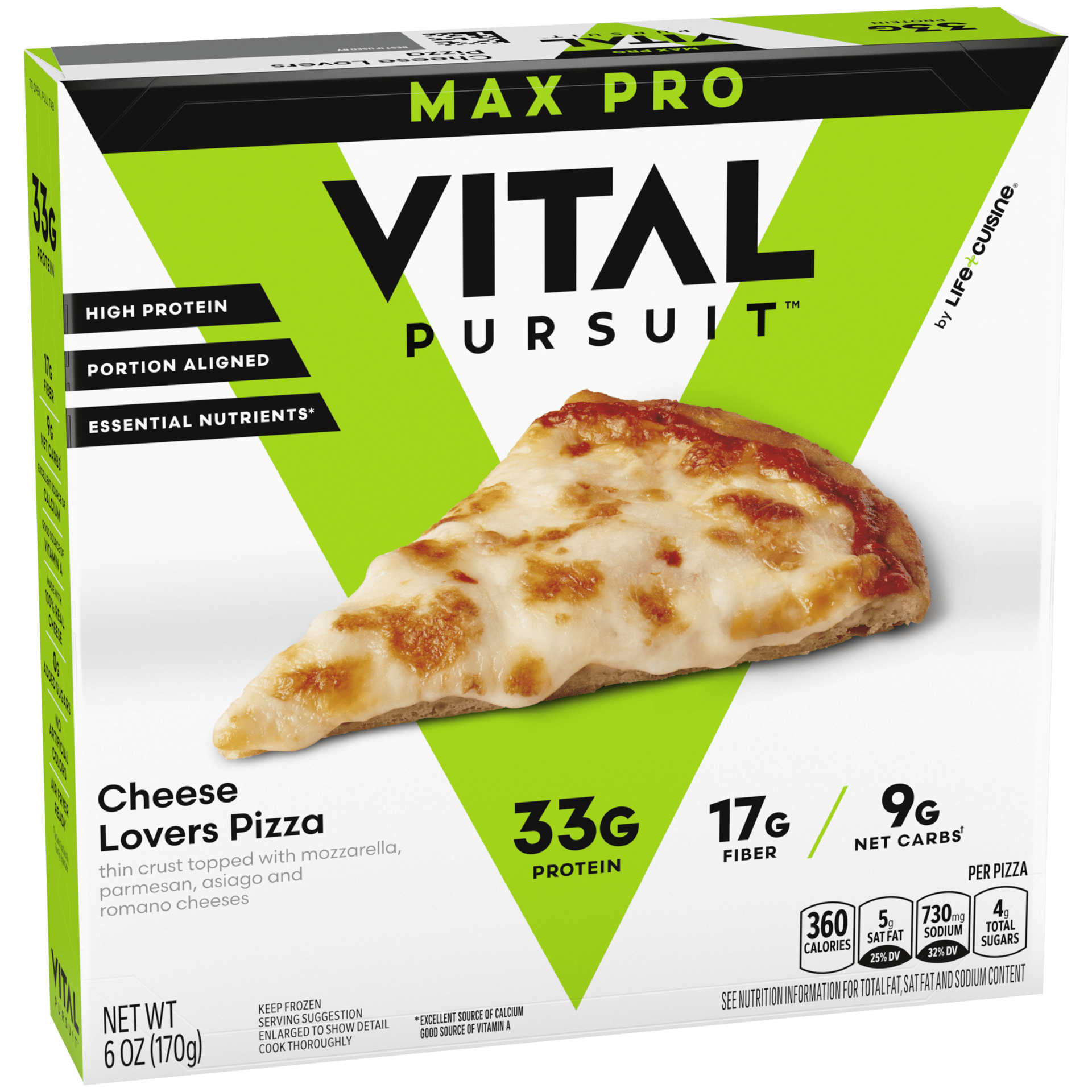 Vital Pursuit GLP-1 friendly pizza in Cheese Lovers flavor in a white box with black writing on it and green art
