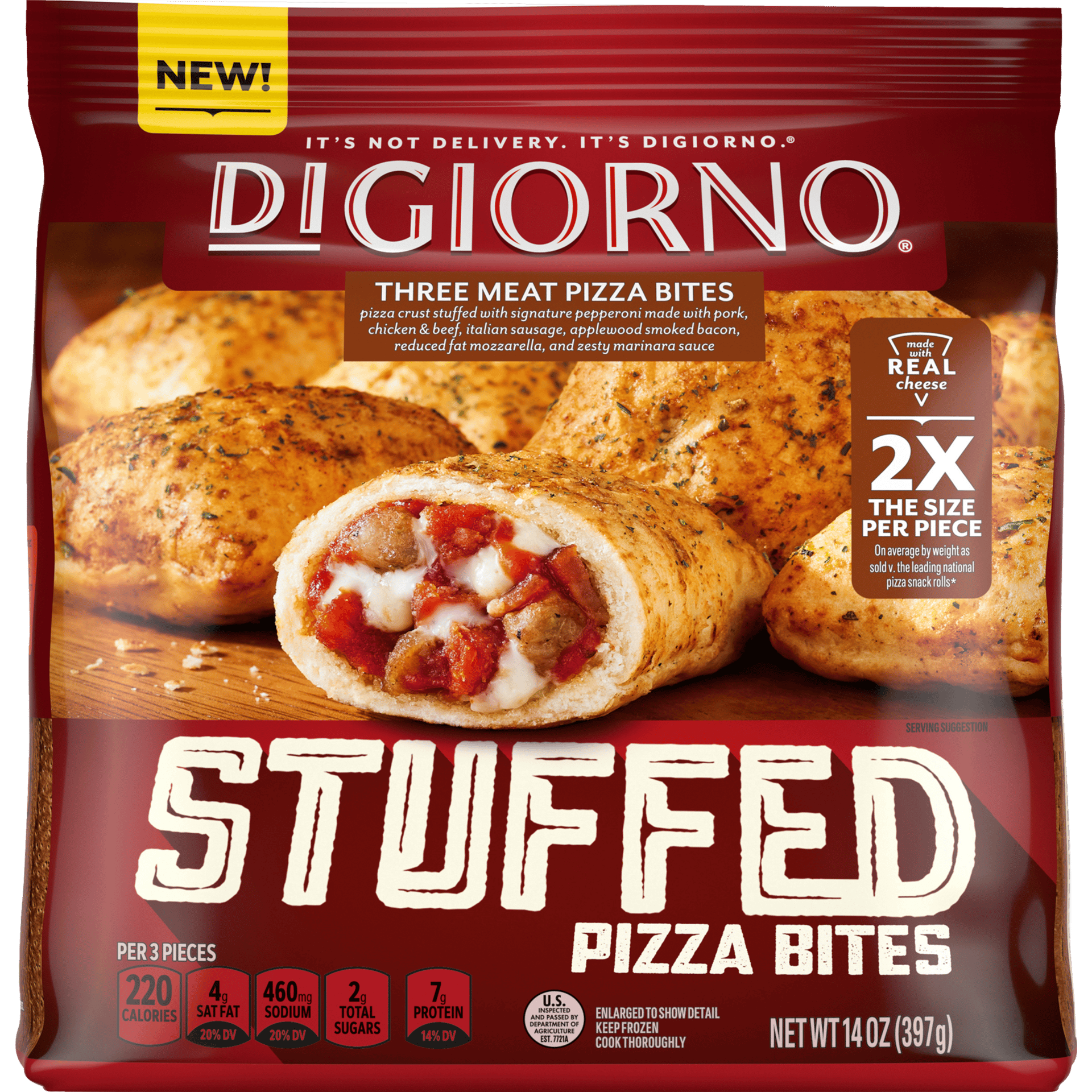 Convenience food, Stuffed pizza bites, Red packaging, Bread, Cheese, Dough
