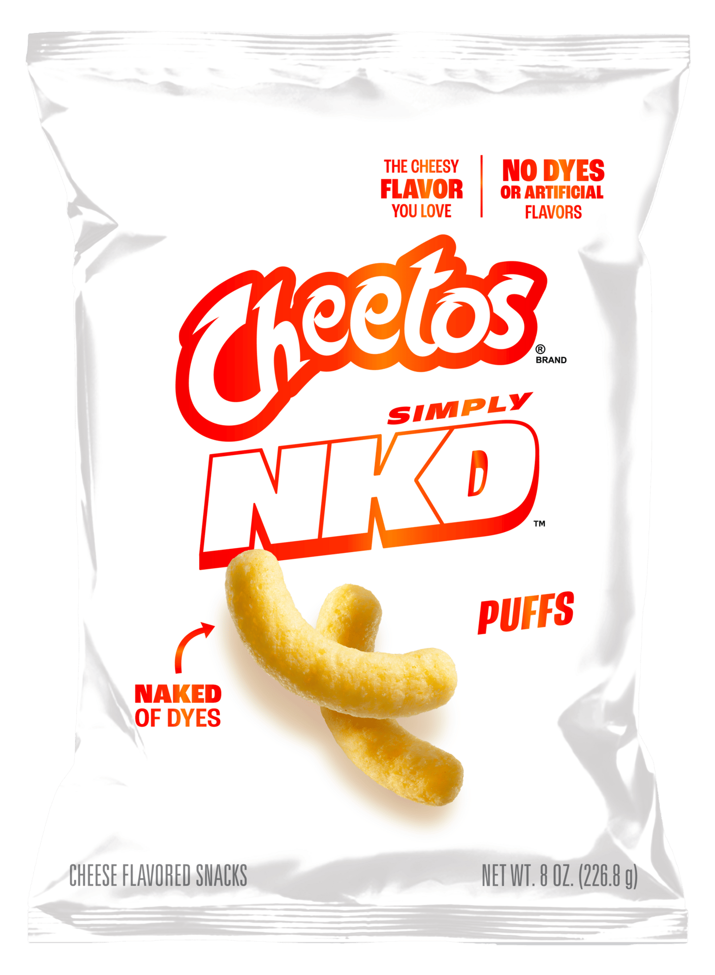 A white Cheetos Simply NKD Puffs bag, emphasizing "No Dyes or Artificial Flavors" and "Naked of Dyes."