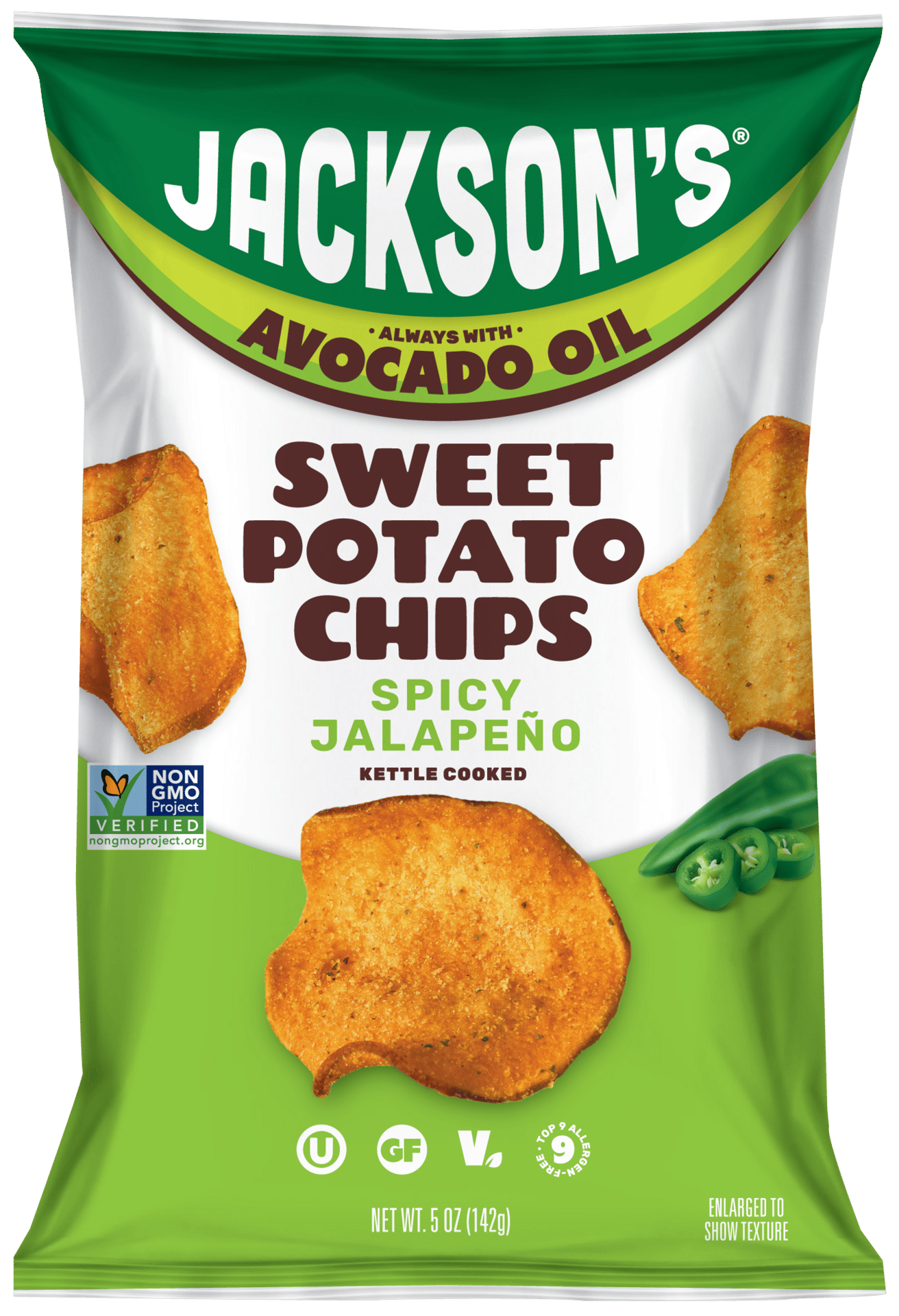 A bag of Jackson's Spicy Jalapeño Sweet Potato Chips, kettle cooked with avocado oil. Features non-GMO and gluten-free labels.