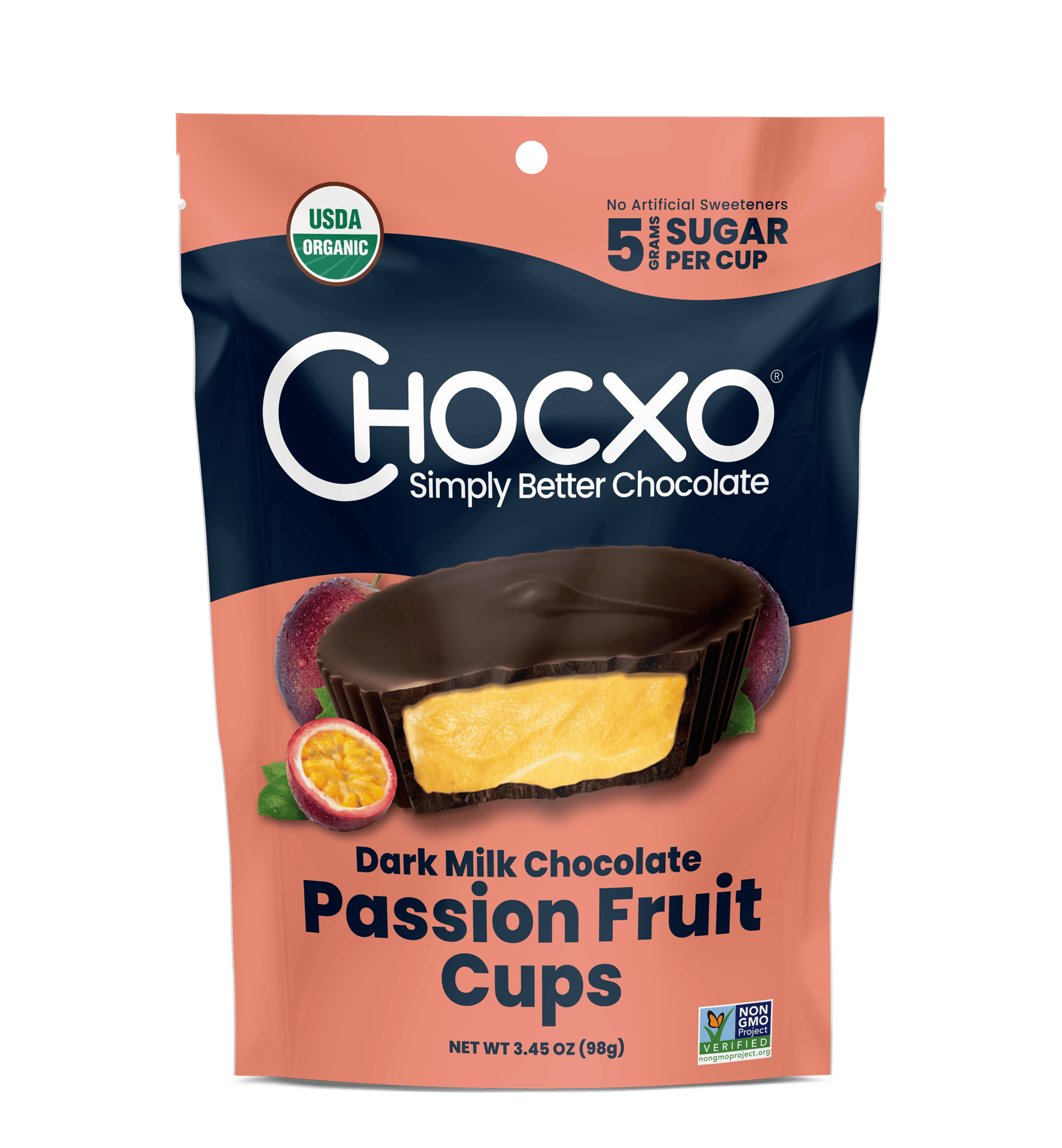 Upright pouch of Chocxo passion fruit cups