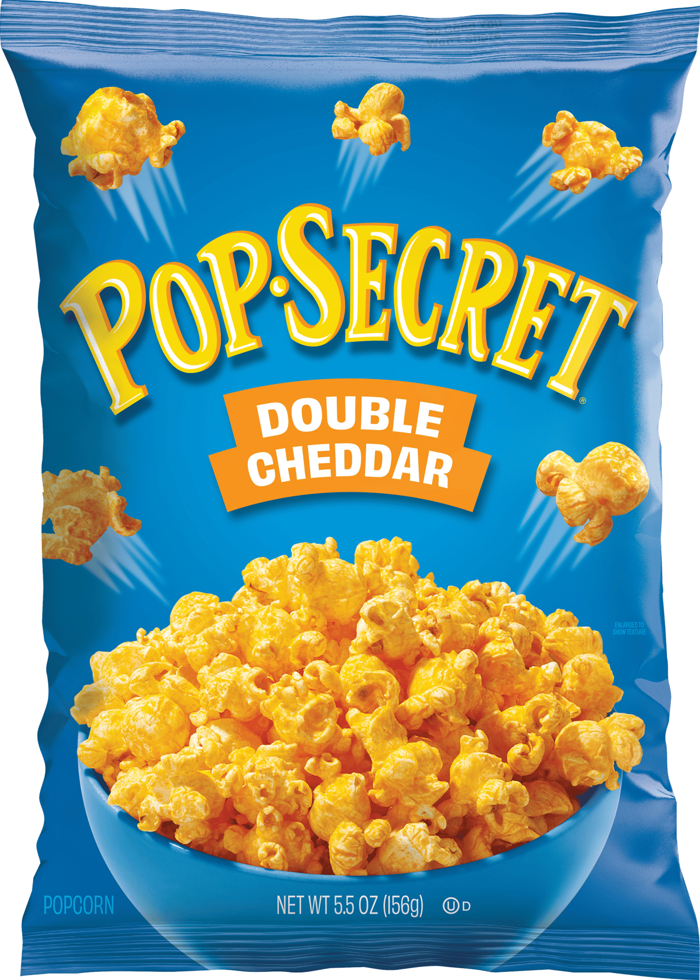 PopSecret Double Cheddar RTE popcorn in a blue back with yellow accents