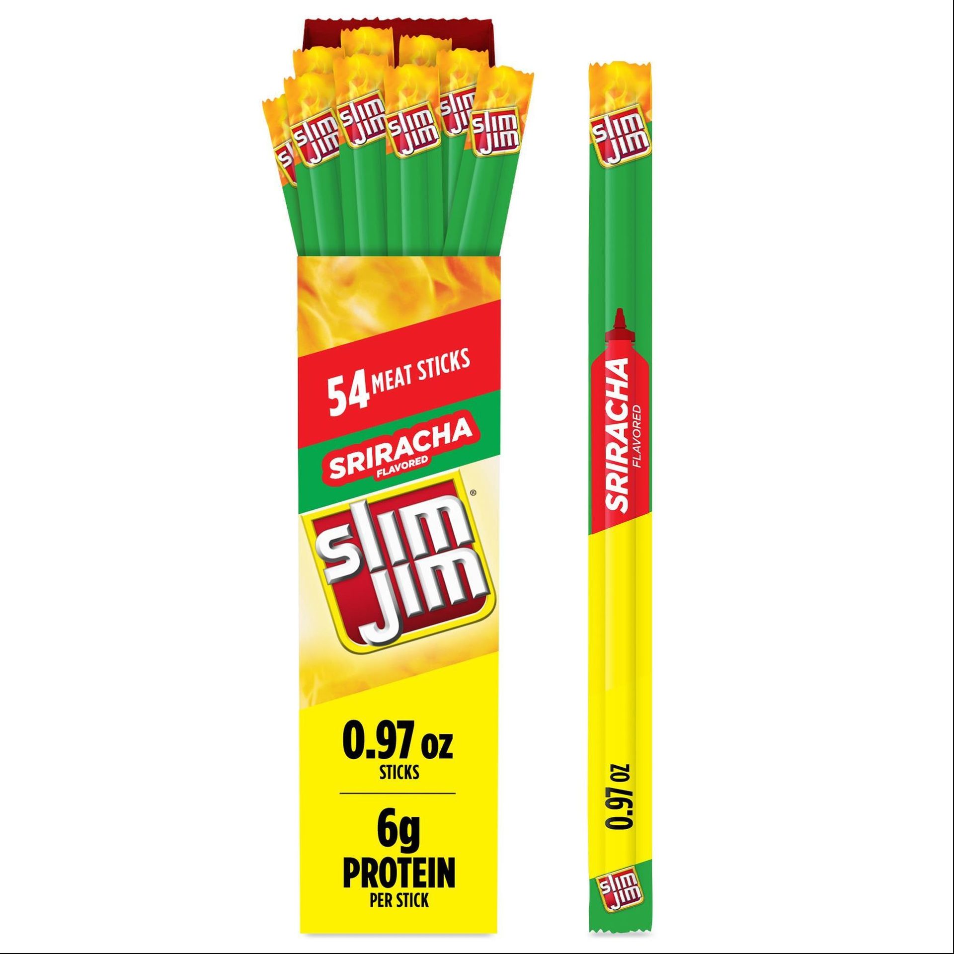 A box of 54 Sriracha flavored Slim Jim meat sticks next to a single stick.