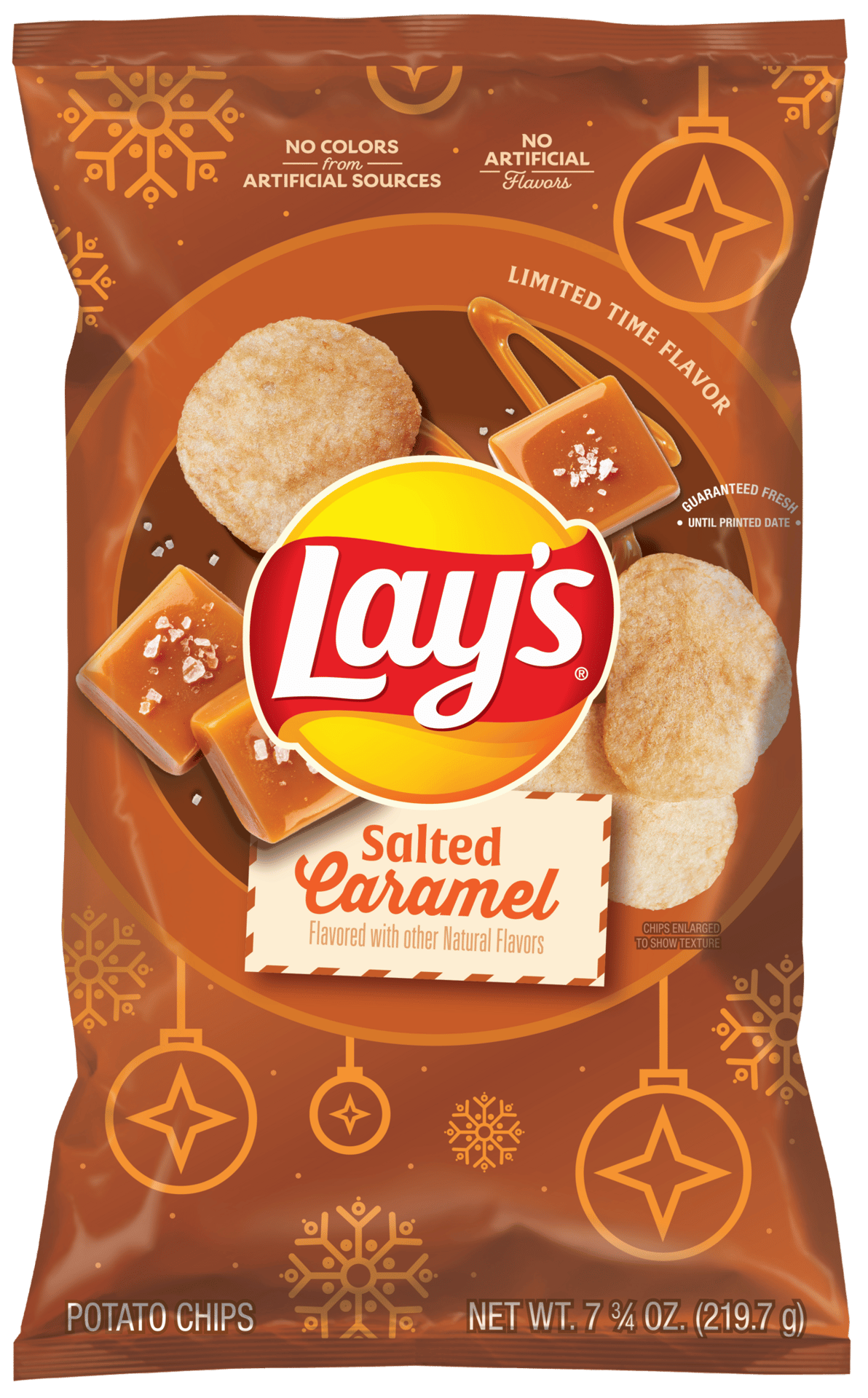 Lay's Salted Caramel Potato Chips, limited time flavor, with winter holiday graphics.