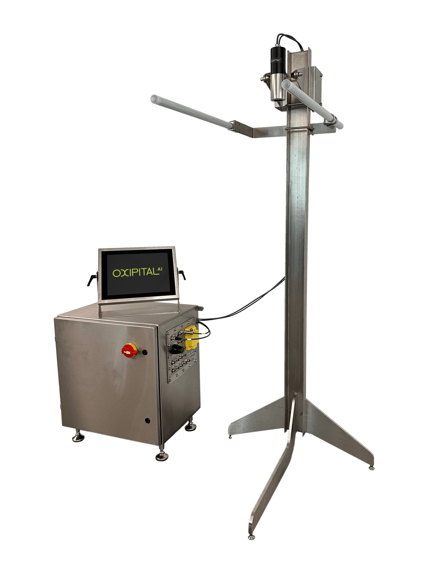 A stainless steel measurement system with a tall stand, horizontal arms, and a control box with an AI display.