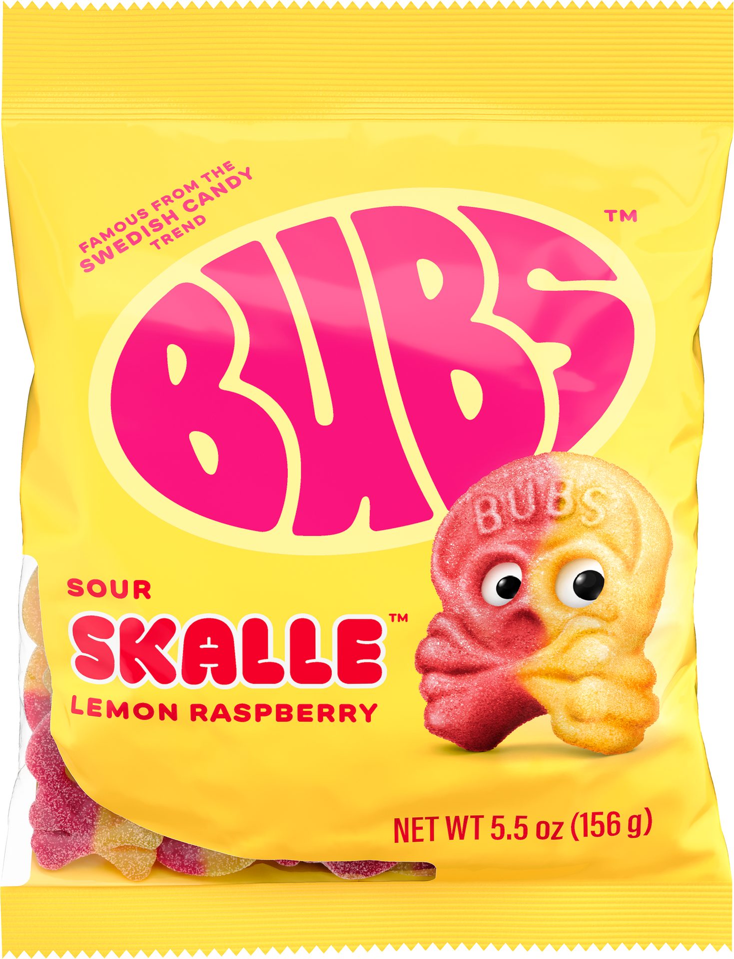 Bubs Sour Skalle Lemon Raspberry flavor in a pink and yellow bag.