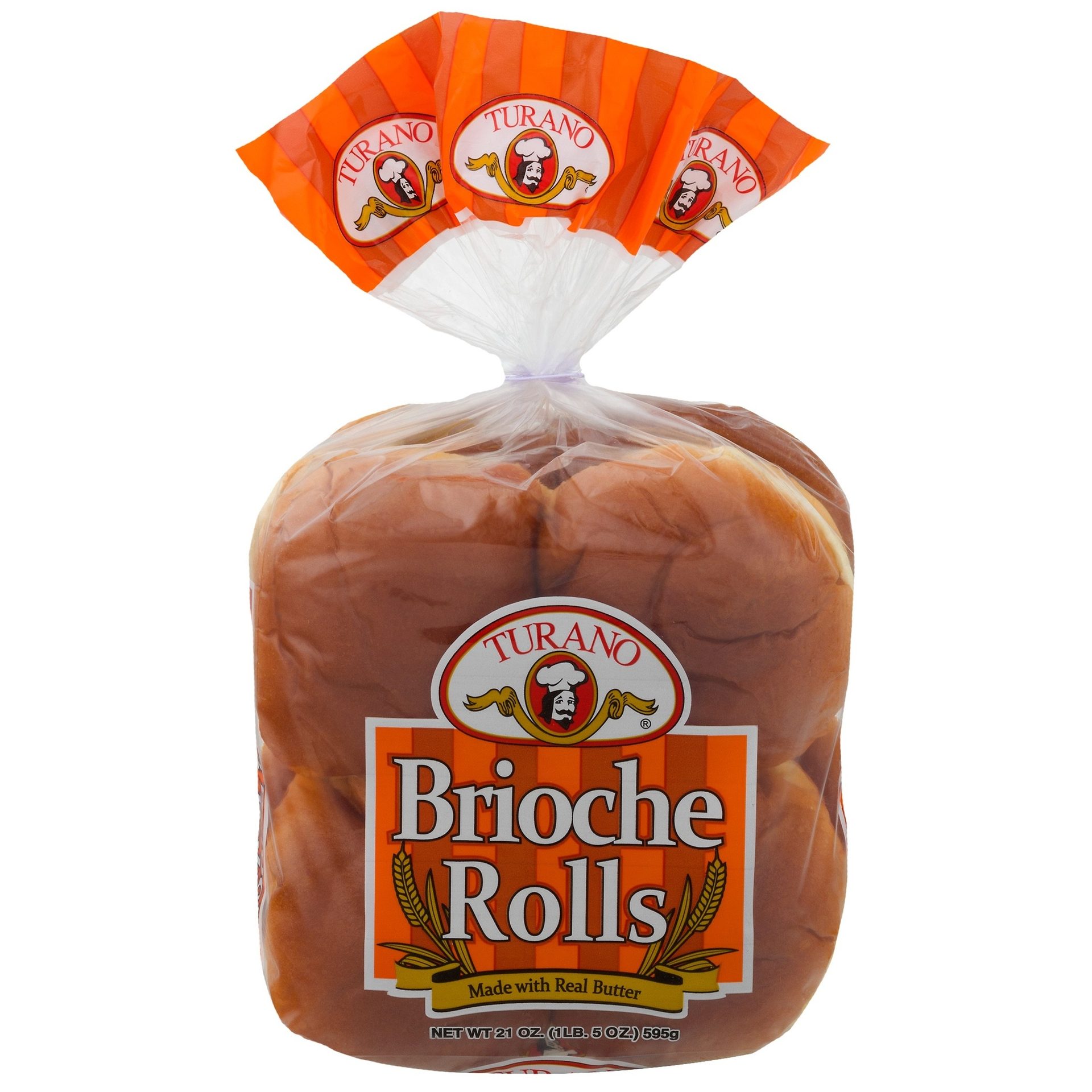 A clear plastic bag of Turano Brioche Rolls with an orange and white striped label.