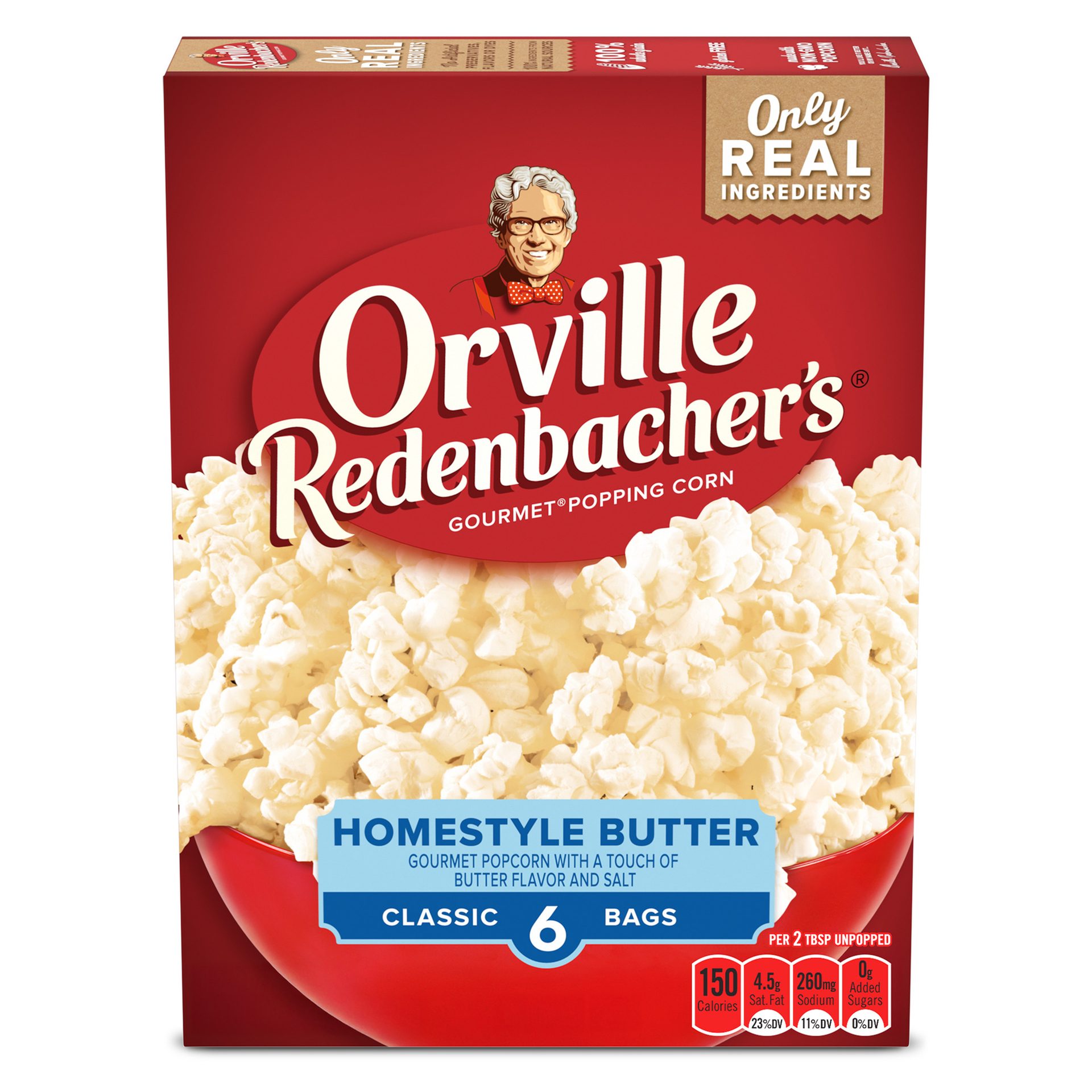 Orville Redenbacher’s Homestyle Butter popcorn in red packaging with six bags