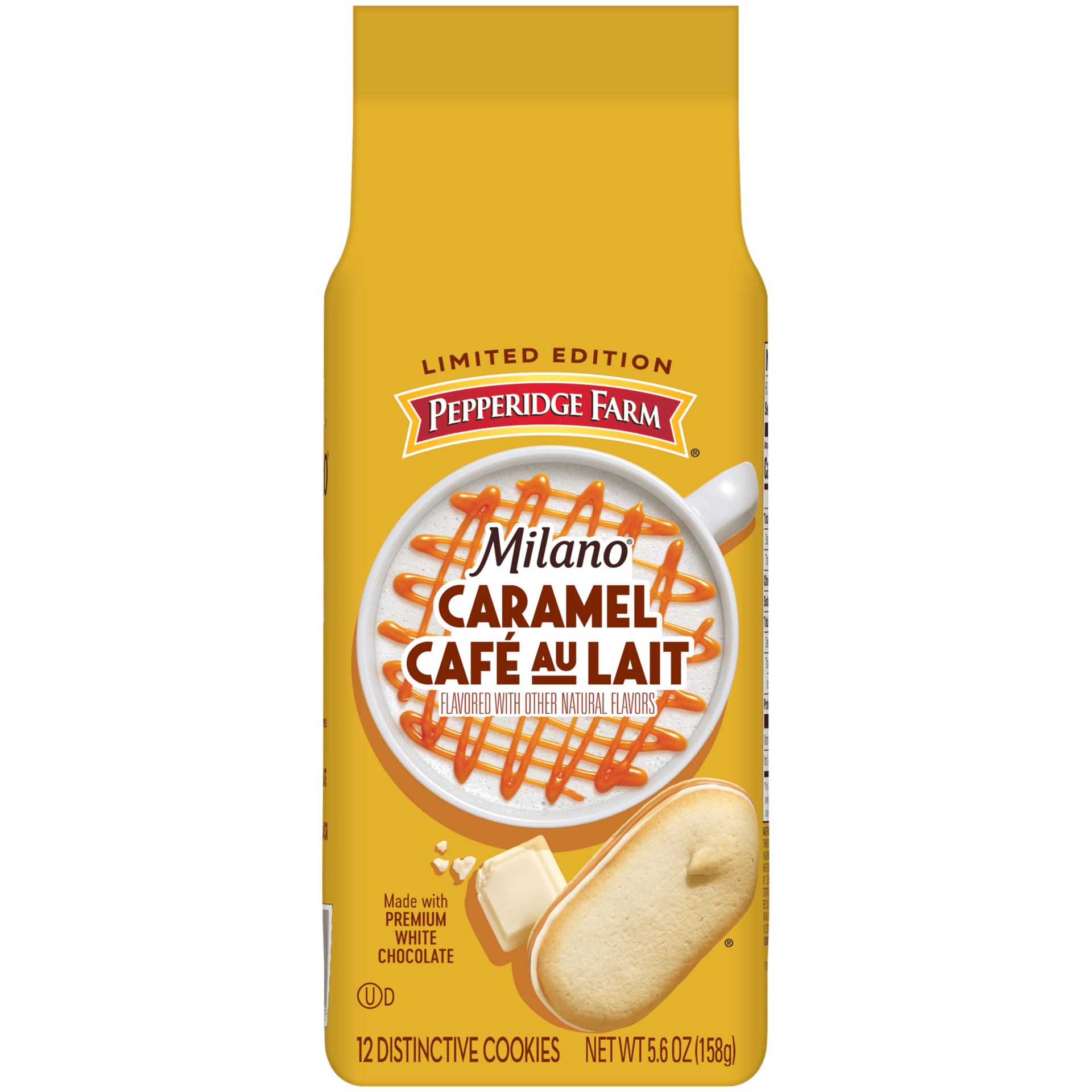 Milano Caramel Café Au Lait cookies in yellow and red packaging.