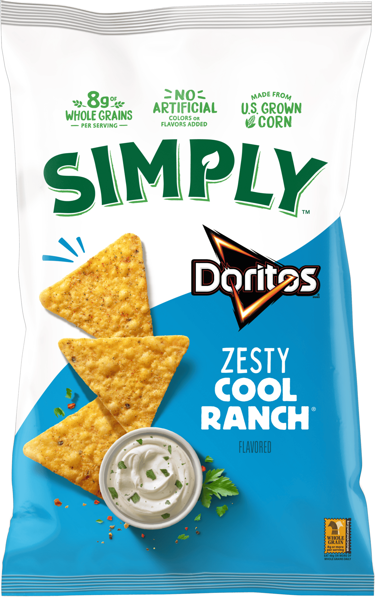 Bag of Simply Doritos Zesty Cool Ranch flavored chips, with 8g whole grains.