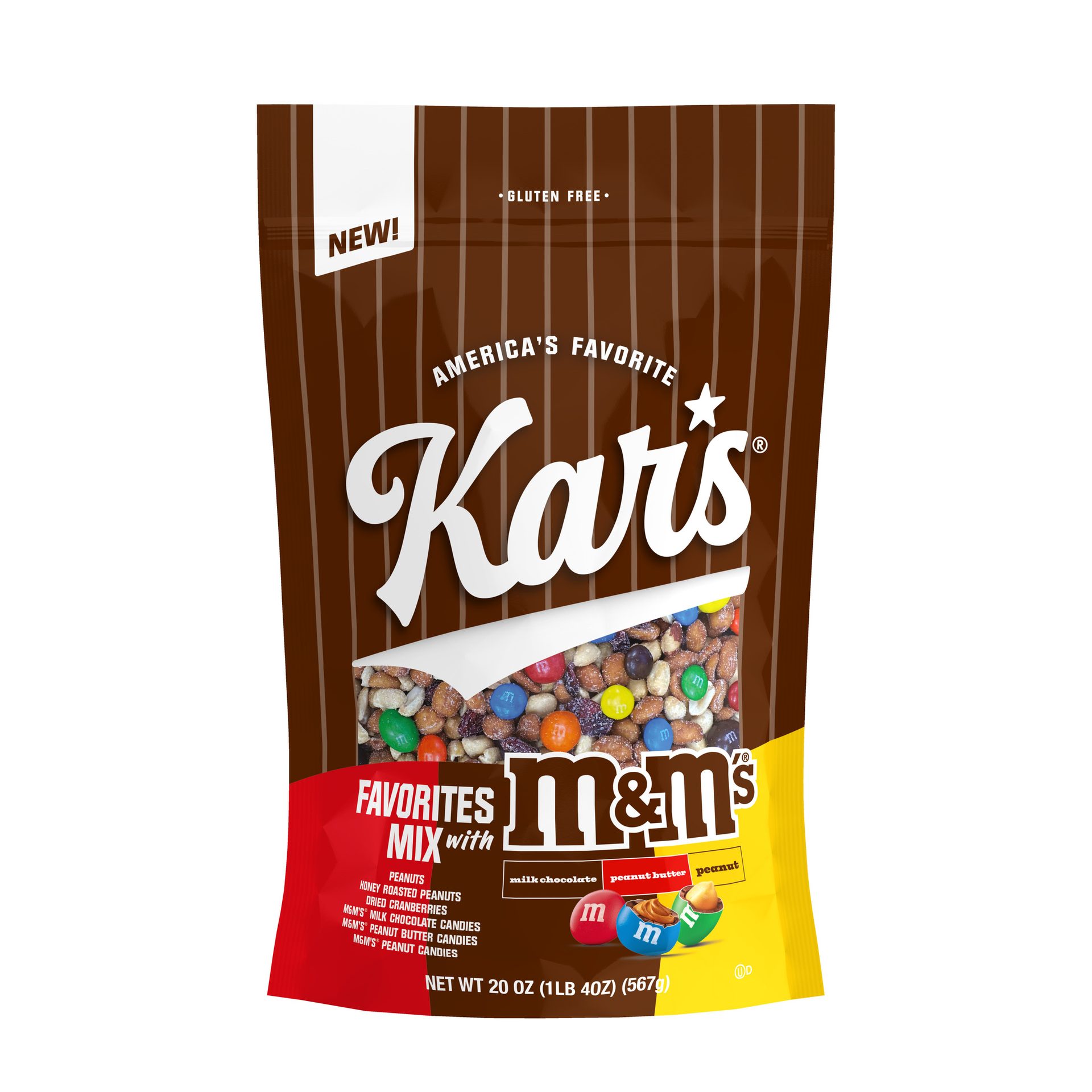 A brown bag of Kar's Favorites Mix with M&M's, peanuts, honey roasted peanuts, and dried cranberries.