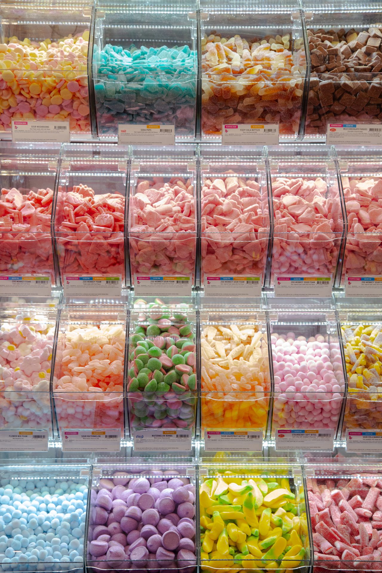 A vibrant, floor-to-ceiling display of various colorful candies in clear bins, showcasing a wide assortment of shapes and types.