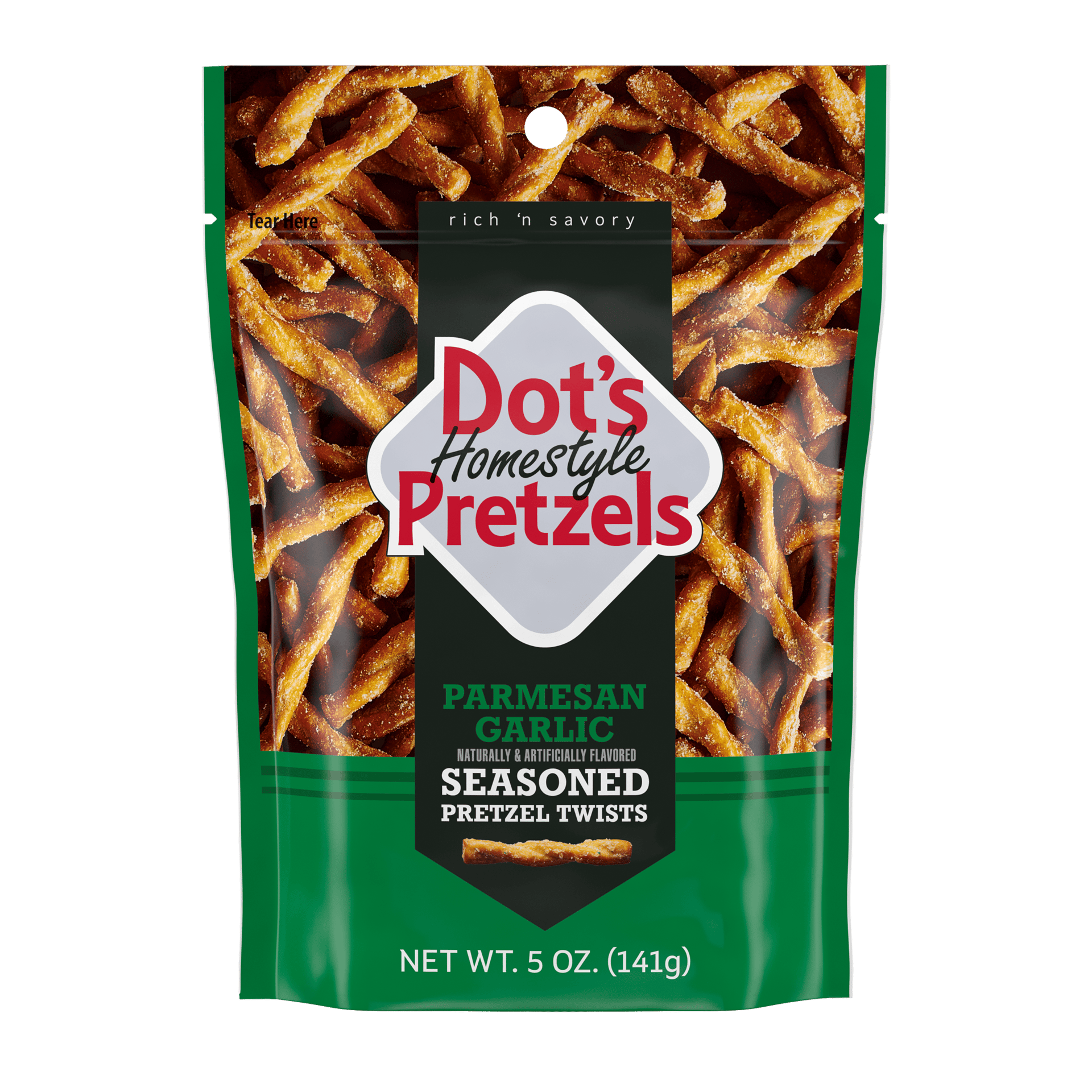 Dot's Homestyle Parmesan Garlic Pretzels bag.