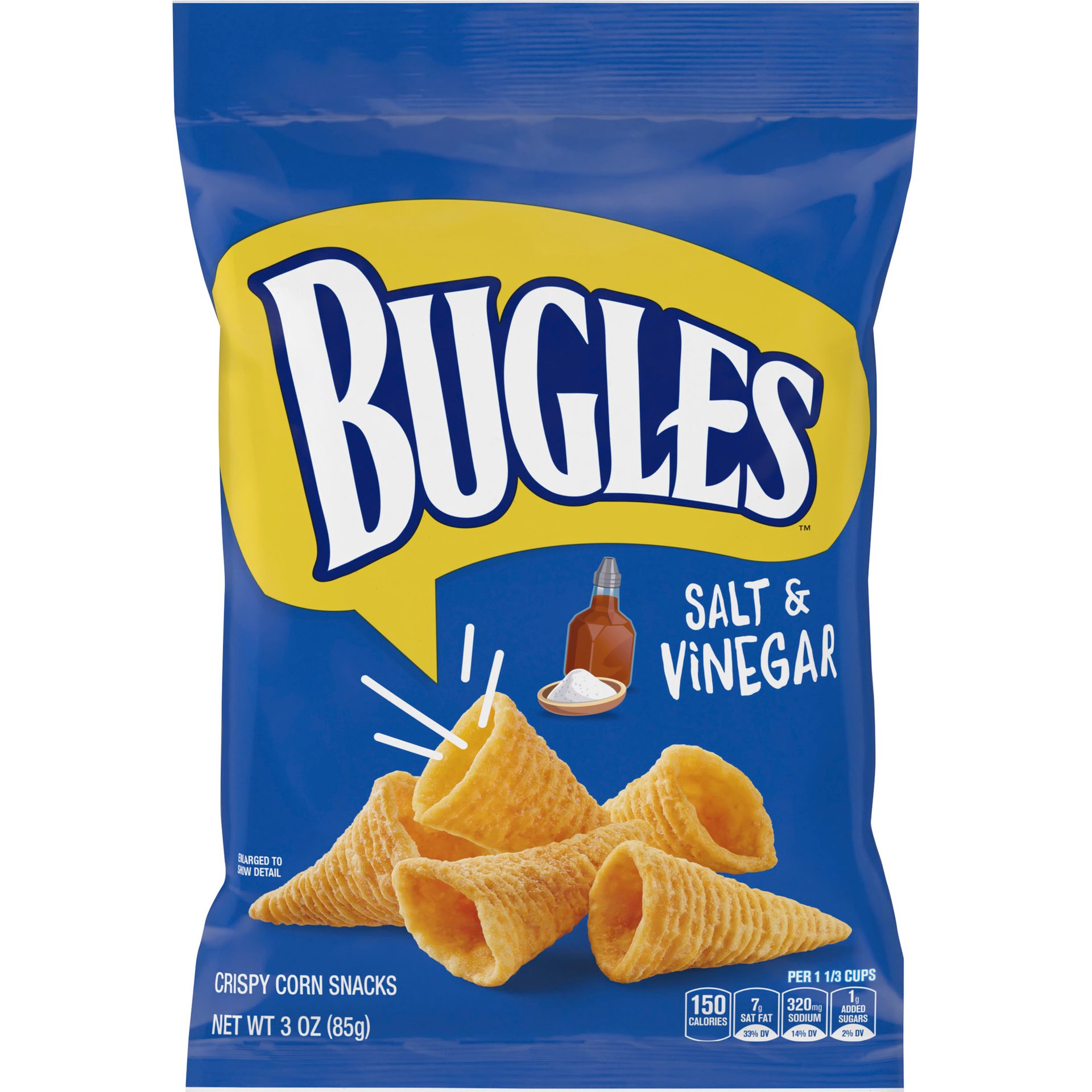 Salt & Vinegar Bugles, in blue and yellow packaging