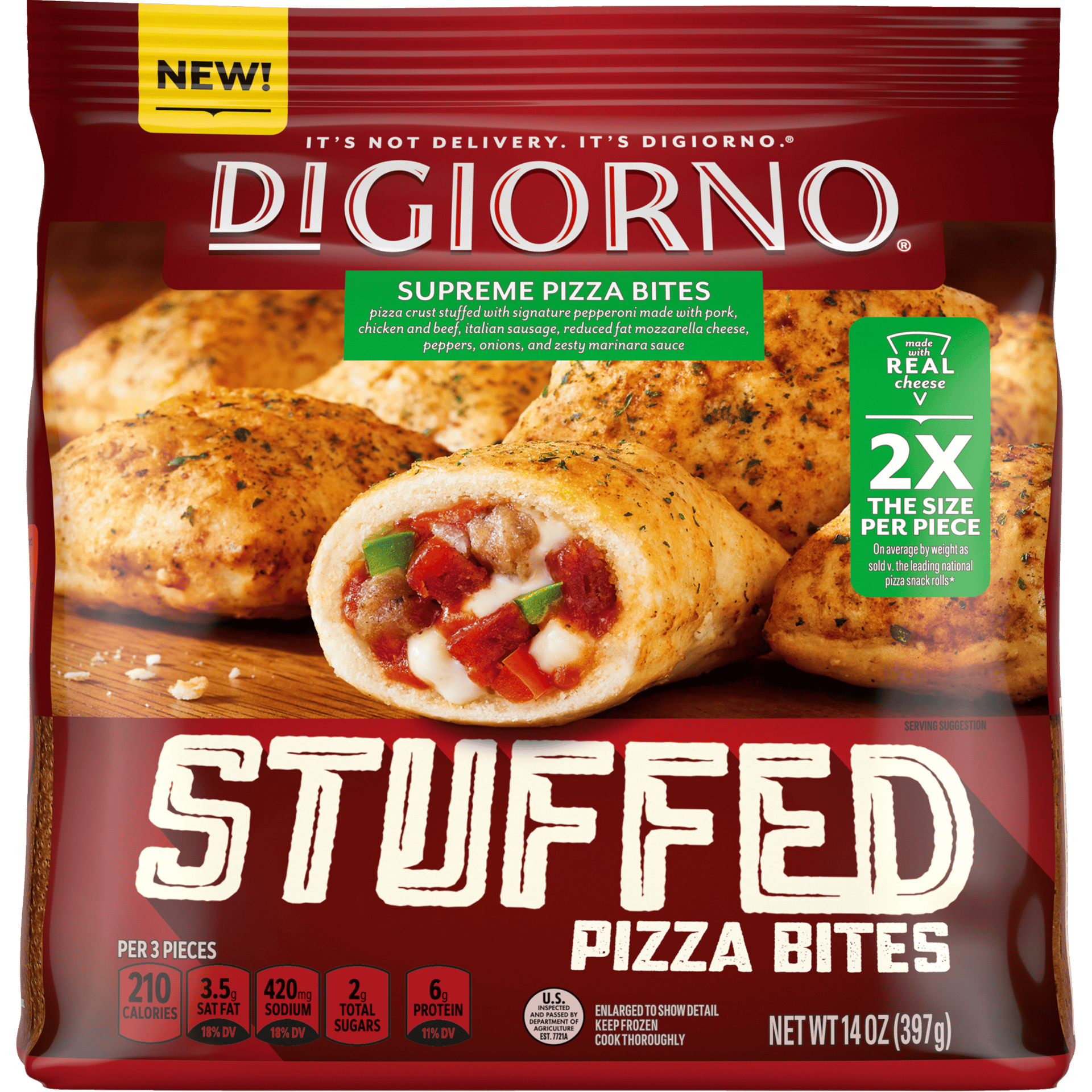Convenience food, Stuffed pizza bites, Red packaging, Bread, Cheese, Dough