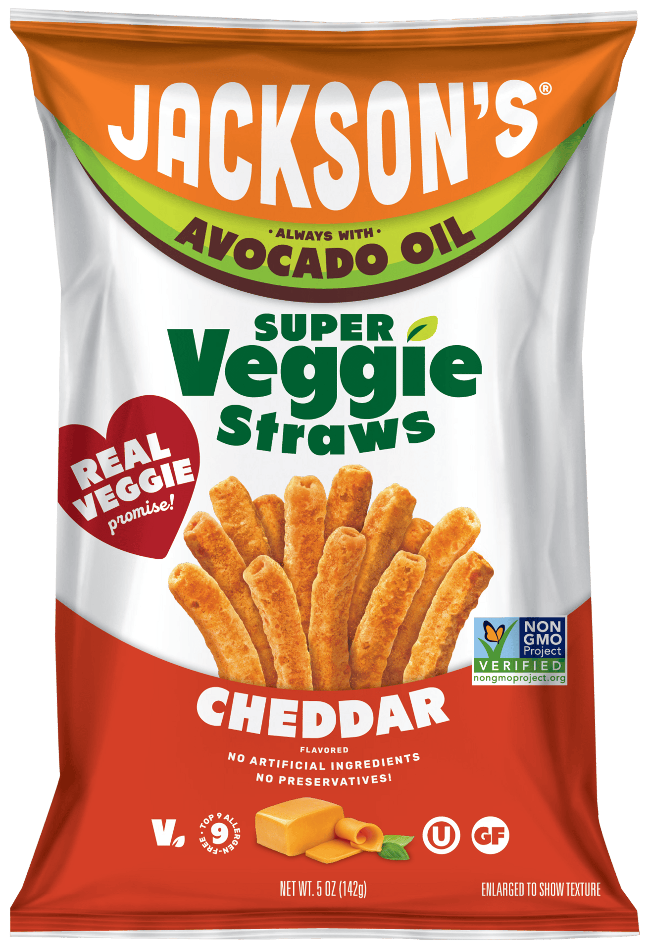 Jackson's Cheddar Super Veggie Straws, made with avocado oil and real veggies, non-GMO.